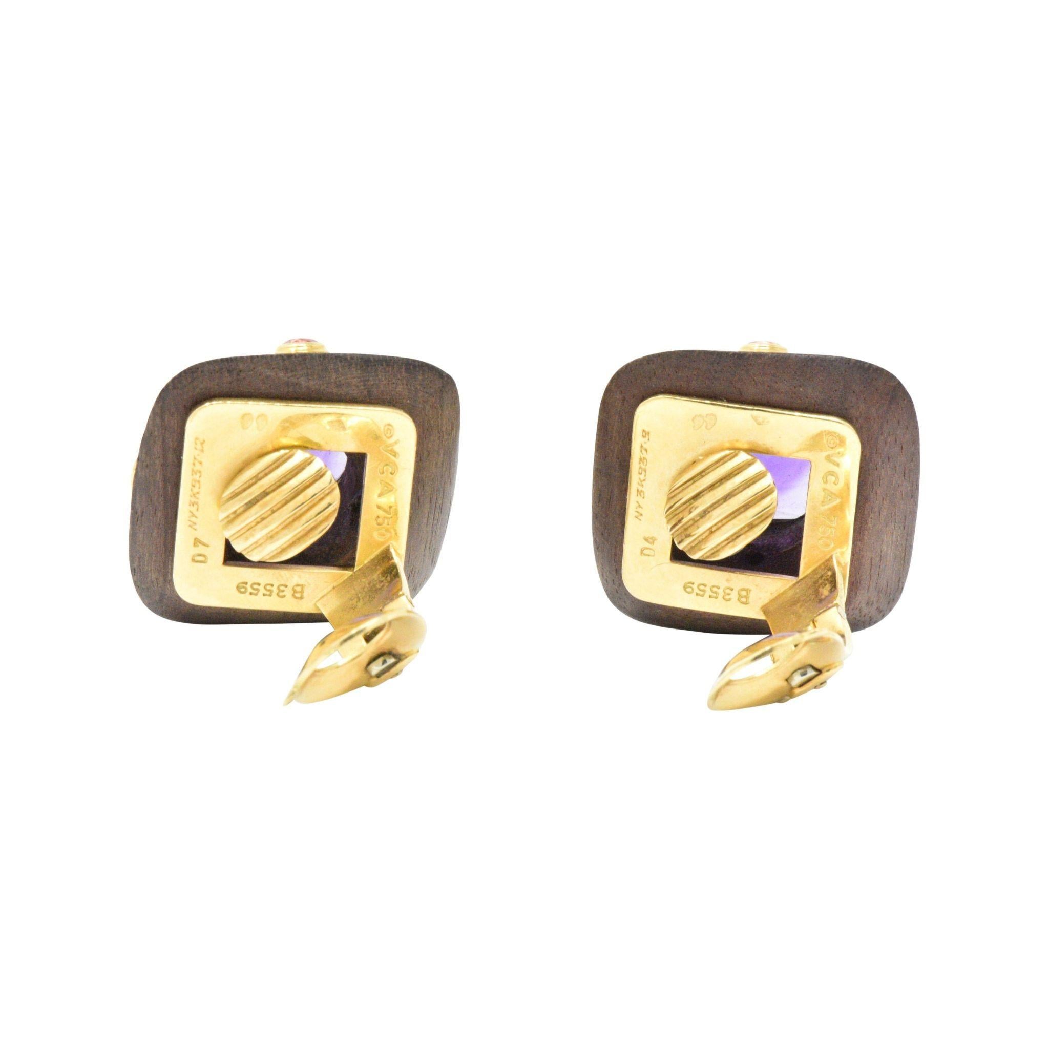 Van Cleef & Arpels 18 Karat Gold Wood Amethyst and Pink Tourmaline Earrings In New Condition In Philadelphia, PA
