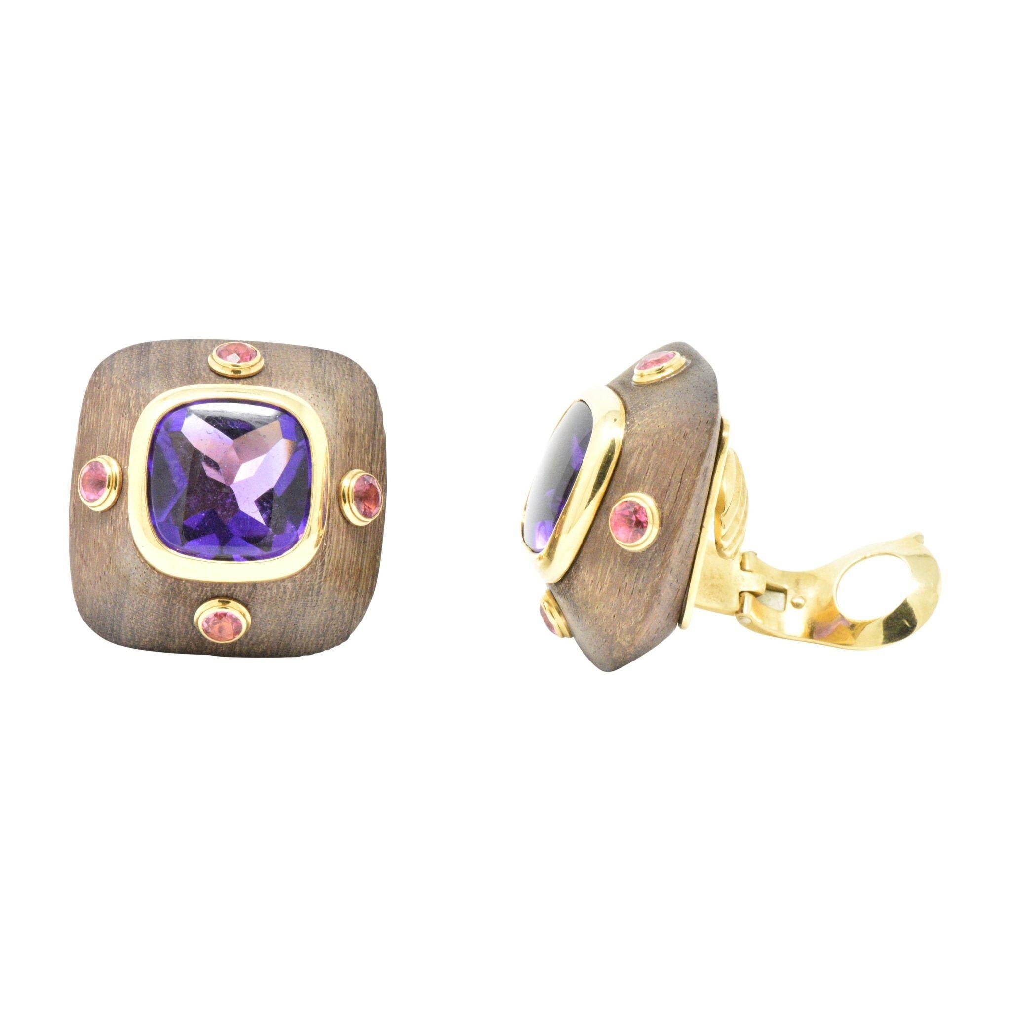 18kt Gold, Wood, Amethyst, and Pink Tourmaline Earclips, Van Cleef & Arpels, France, with cushion-shape buff-top amethysts framed by circular-cut pink tourmalines, larger 1 1/4 in., each no. B3559, and NY3K937.9, NY3K937.12, maker's marks and