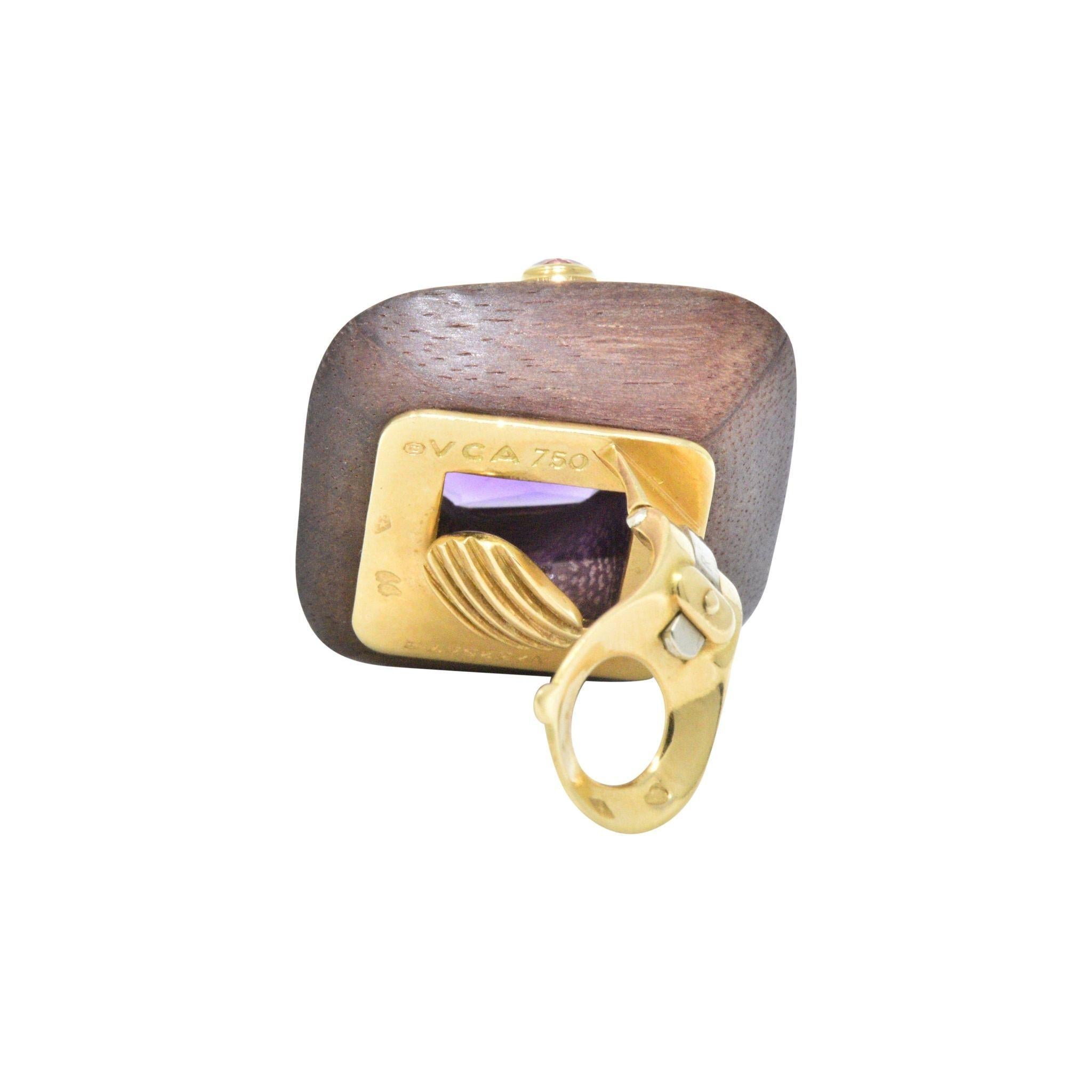 Women's or Men's Van Cleef & Arpels 18 Karat Gold Wood Amethyst and Pink Tourmaline Earrings
