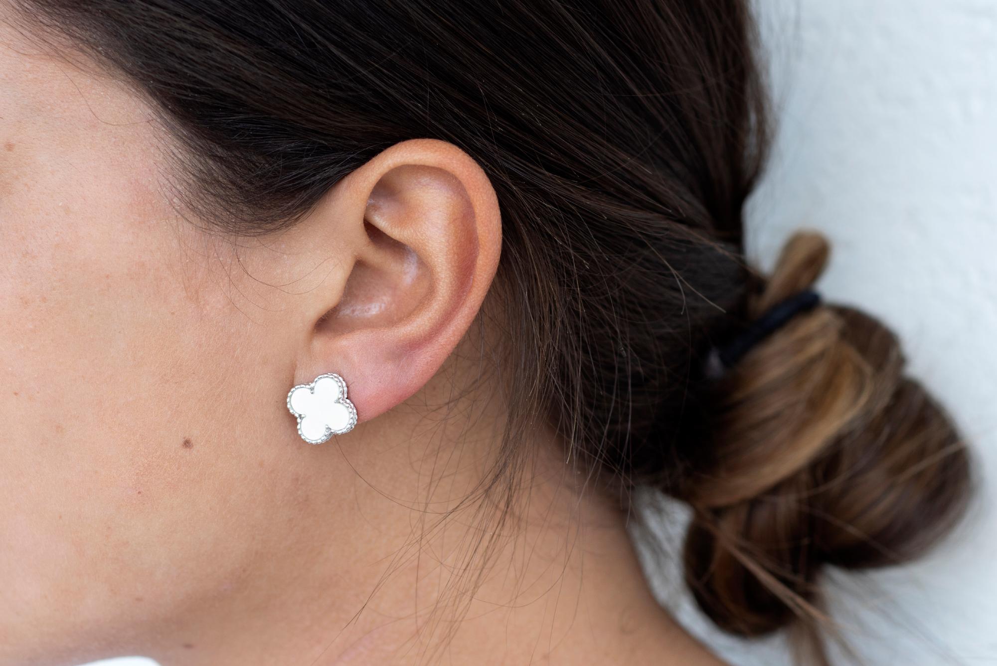 Van Cleef & Arpels 18 Karat White Gold Mother-of-Pearl Alhambra Earrings 2