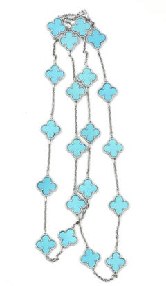 Van Cleef & Arpels 18 Karat White Gold Turquoise Alhambra Necklace