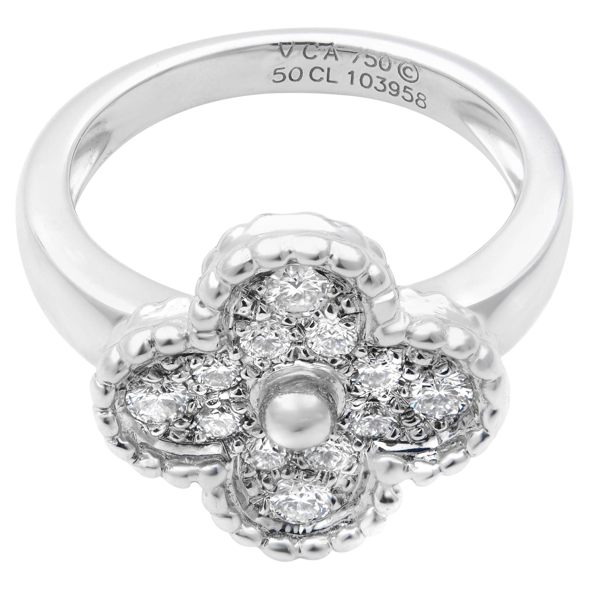 Van Cleef & Arpels 18 Karat White Gold Vintage Alhambra Diamond Ring