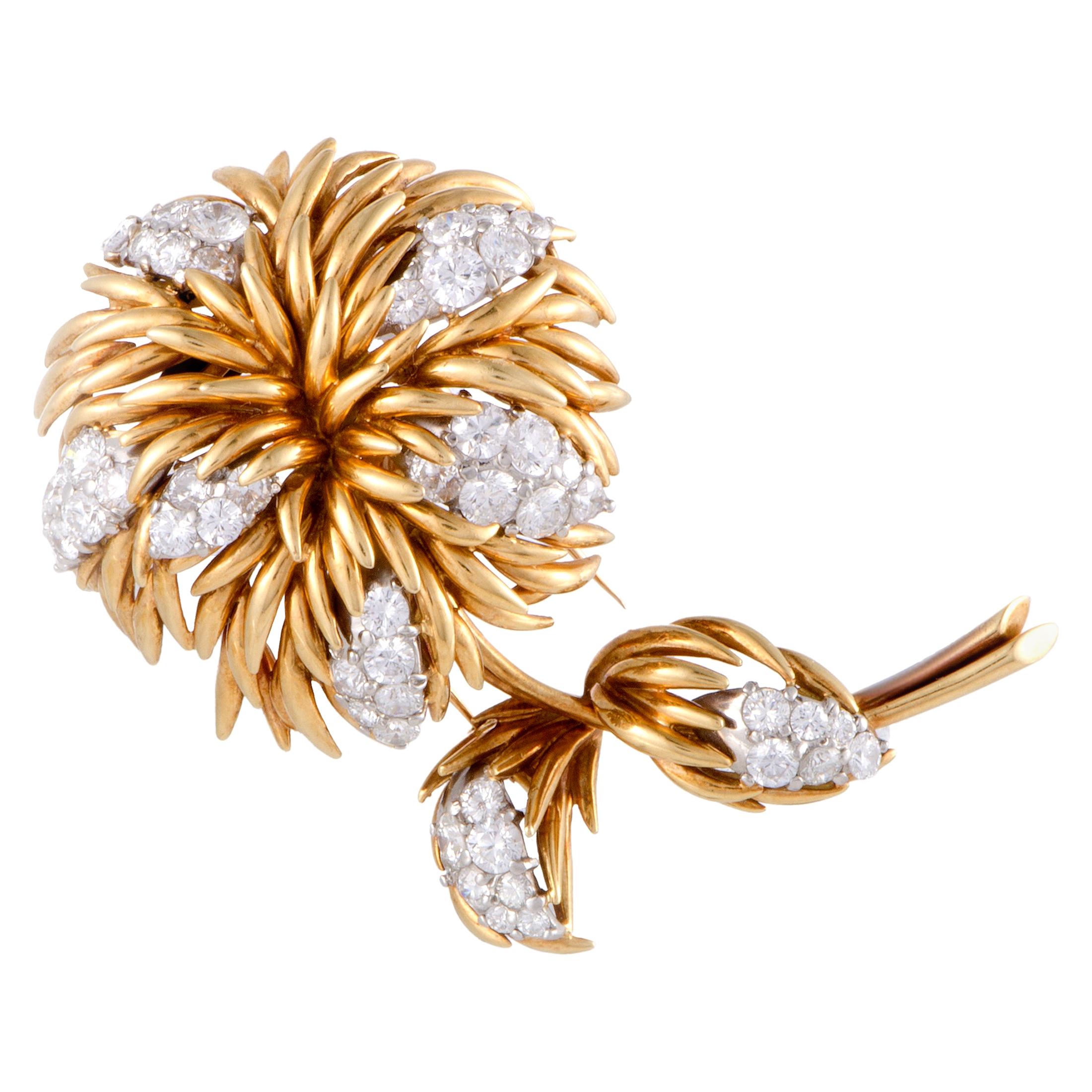 Van Cleef & Arpels 18 Karat Yellow and White Gold 4.30 Ct Diamond Flower Brooch