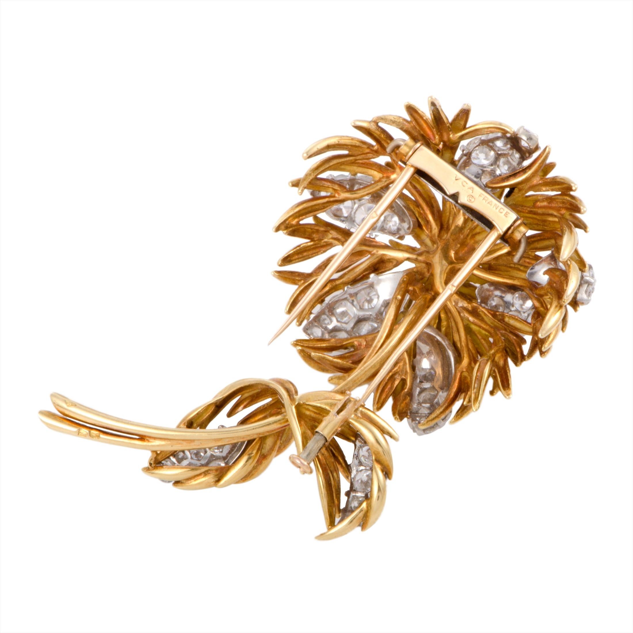 Van Cleef & Arpels 18 Karat Yellow and White Gold Diamond Flower Brooch In Excellent Condition In Southampton, PA
