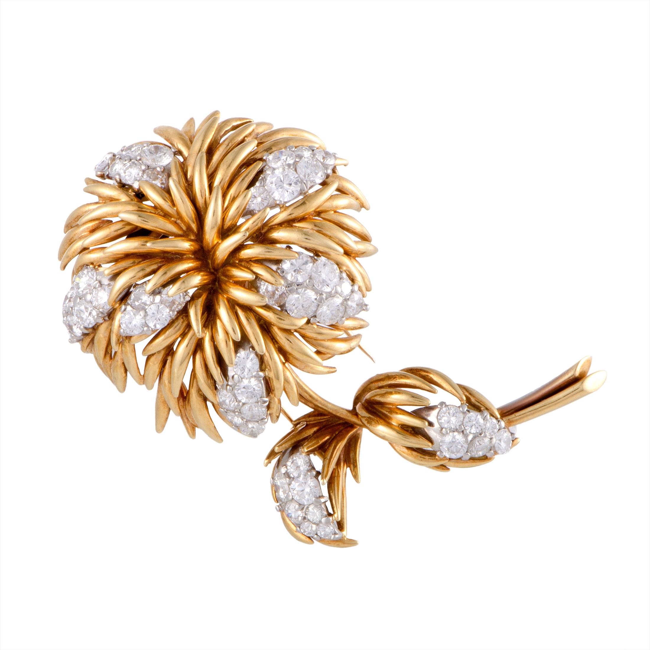 Van Cleef & Arpels 18 Karat Yellow and White Gold Diamond Flower Brooch