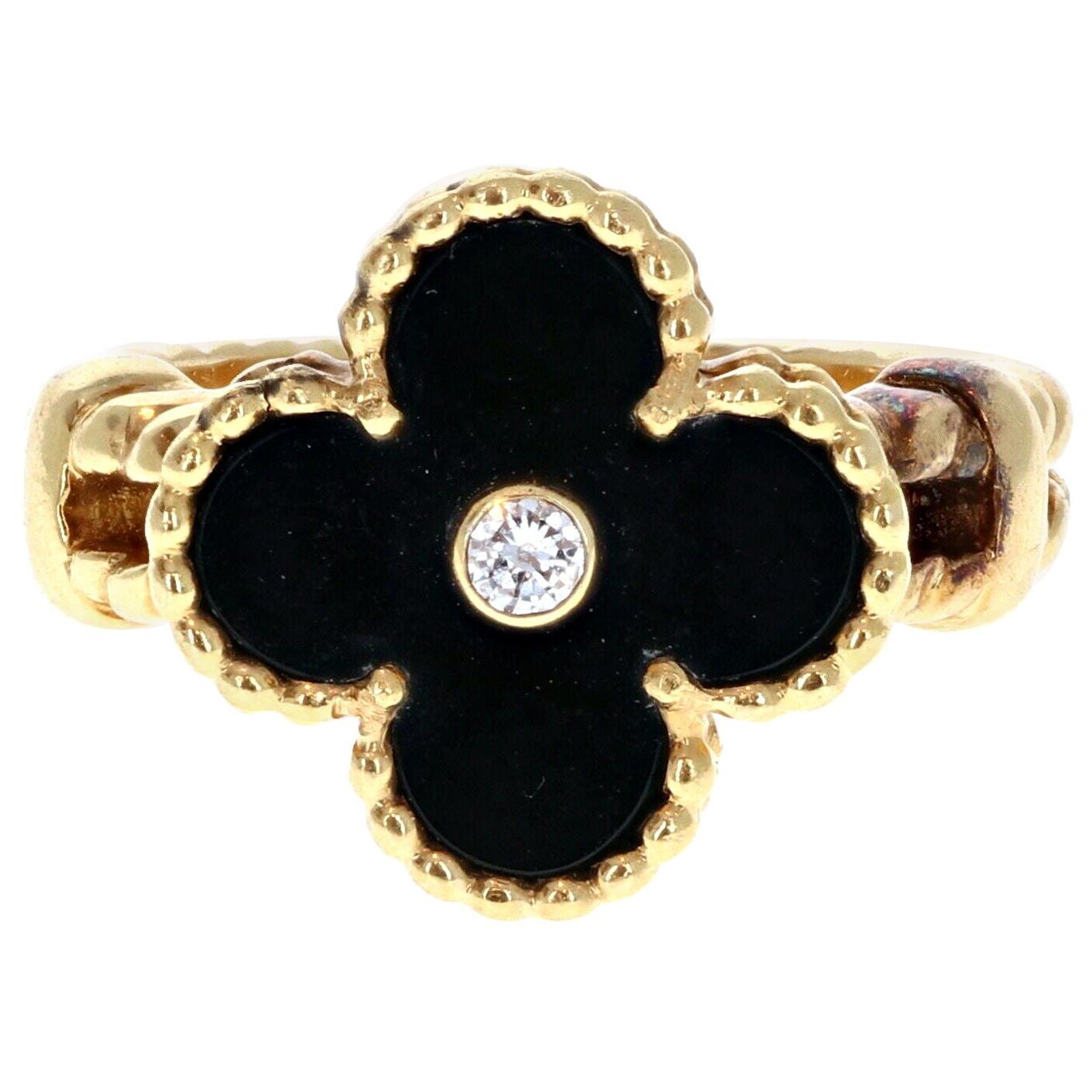 Van Cleef & Arpels 18 Karat Yellow Gold, Black Onyx and Diamond Alhambra Ring