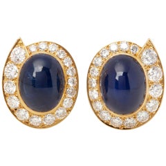 Van Cleef & Arpels 18 Karat Yellow Gold Cabochon Sapphire and Diamond Earrings