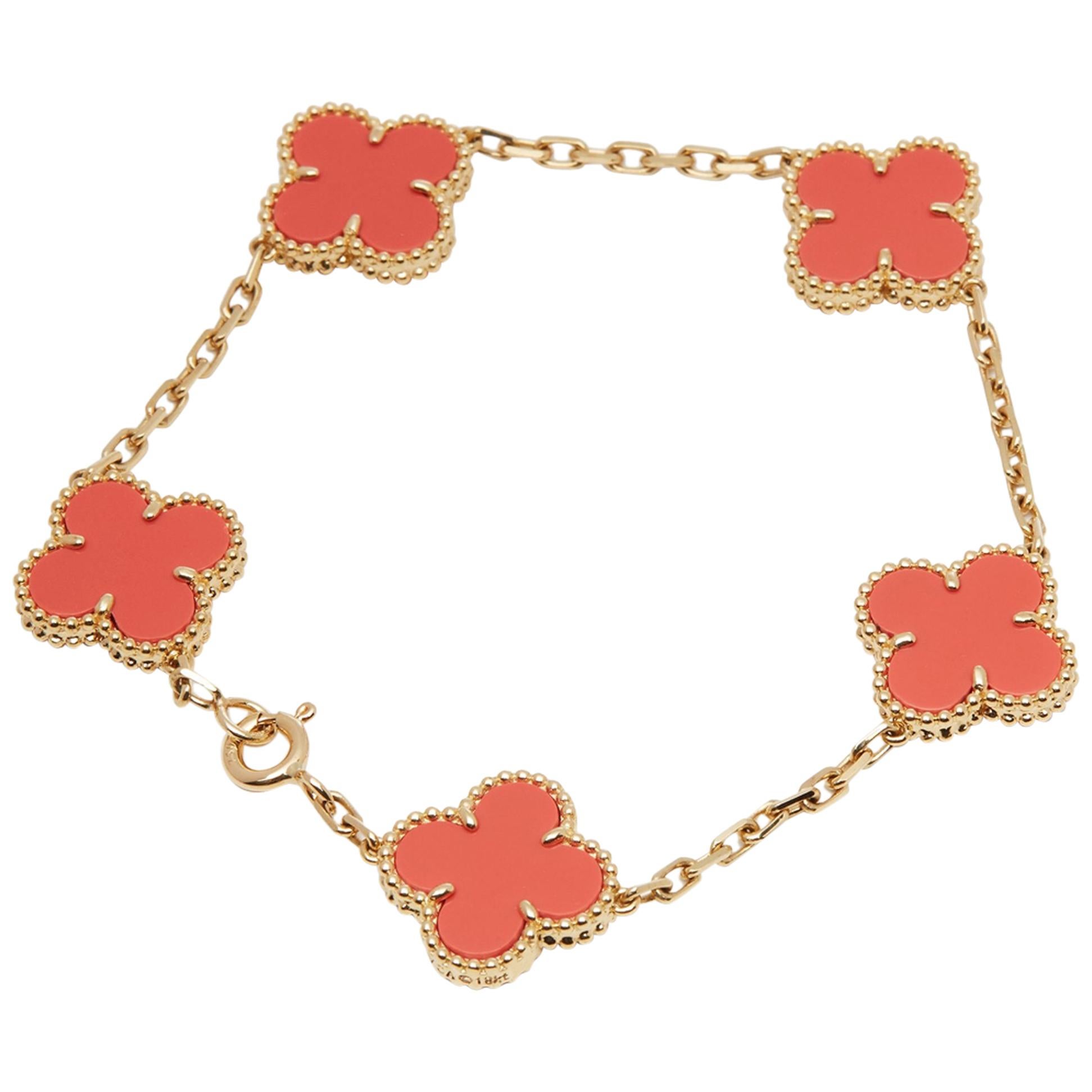 Van Cleef & Arpels 18 Karat Yellow Gold Coral 5 Motif Vintage Alhambra Bracelet
