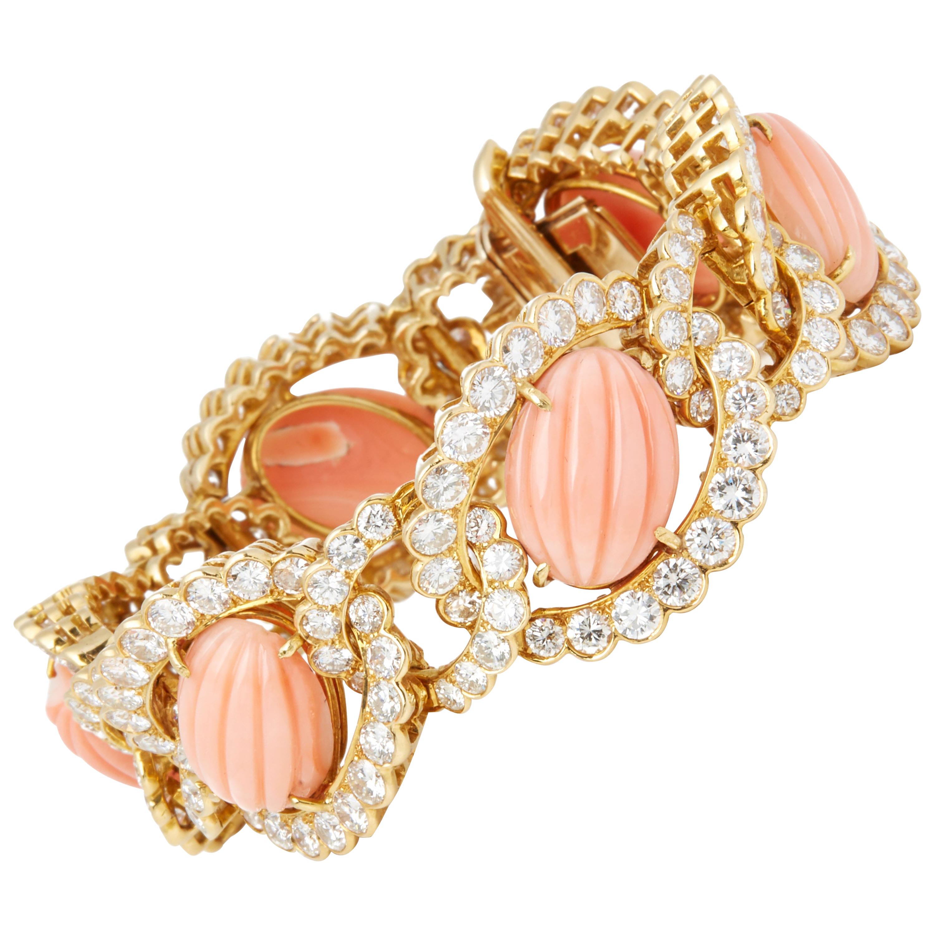 Van Cleef & Arpels 18 Karat Yellow Gold Coral and Diamond Bracelet