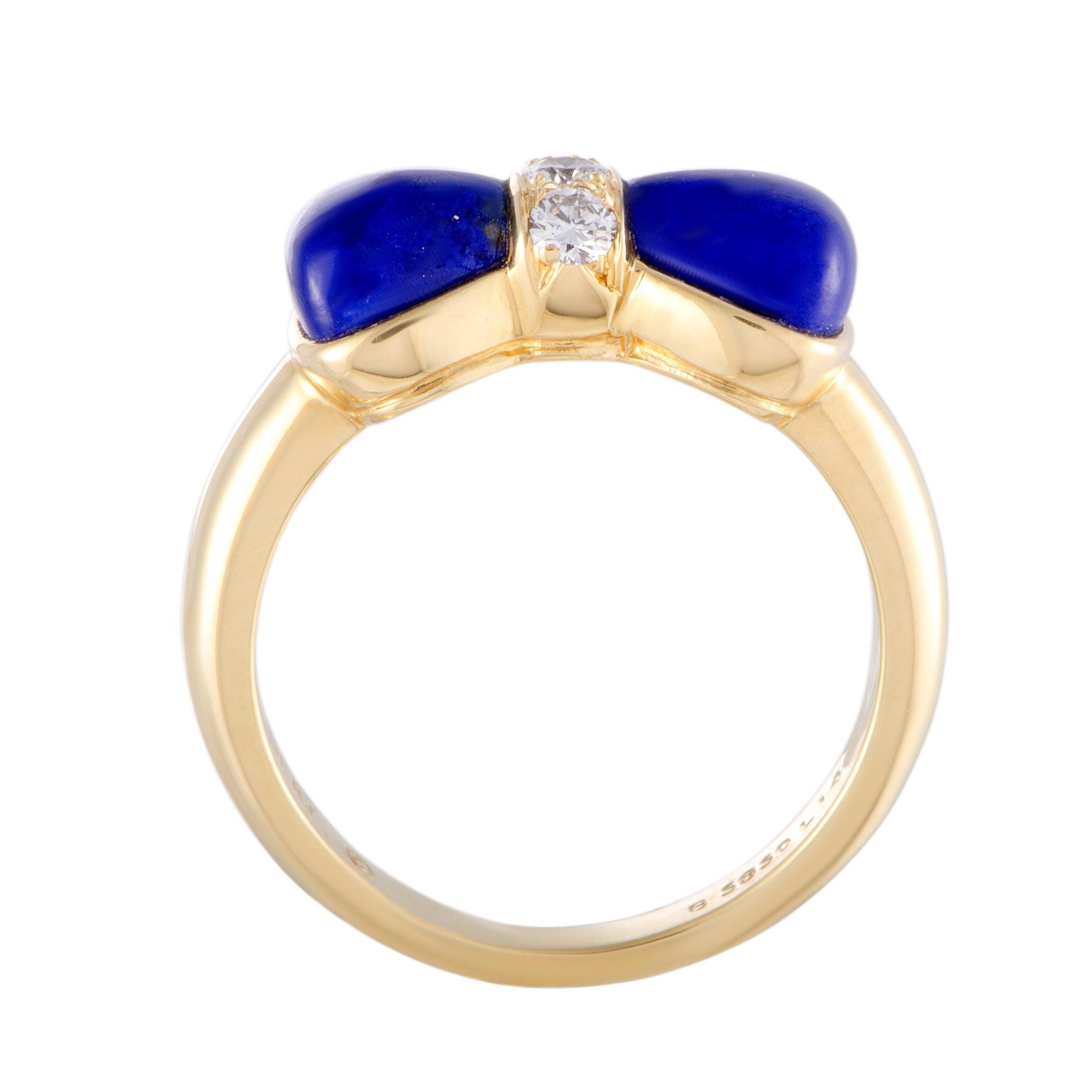 Featuring a gorgeously feminine appearance that the Van Cleef & Arpels pieces are renowned for, this beautiful ring will embellish your look in an irresistibly attractive manner. The ring is made of 18K yellow gold and decorated with lapis lazuli