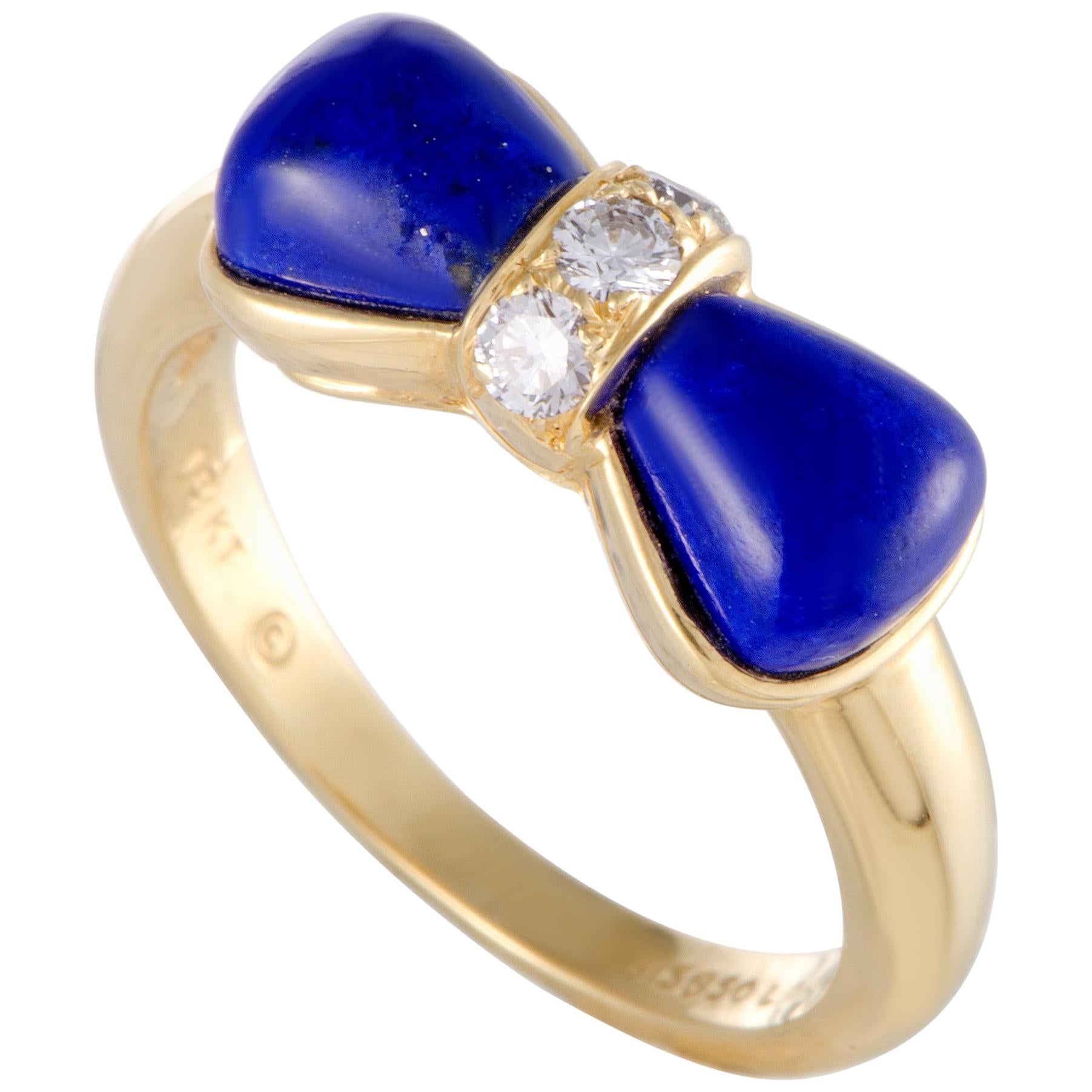 Van Cleef & Arpels 18 Karat Yellow Gold Diamond and Lapis Bow Ring