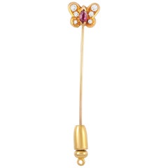 Vintage Van Cleef & Arpels 18 Karat Yellow Gold Diamond and Ruby Butterfly Stick Pin