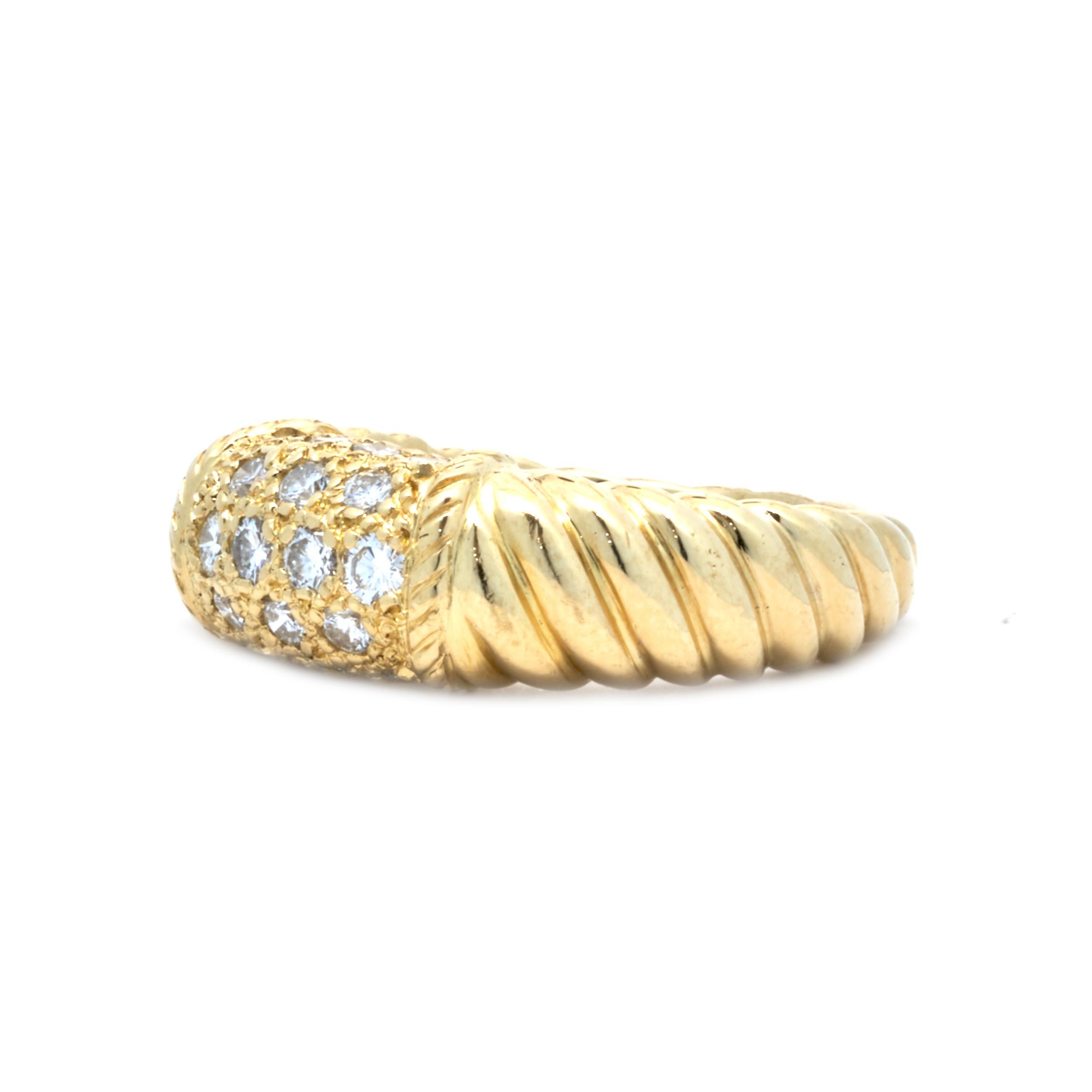 Designer: Van Cleef & Arpels
Material: 18K yellow gold
Diamond: 18 round brilliant cut = .54cttw
Color: H
Clarity: SI1
Weight: 7.36 grams
Size: 6.5 (please allow two additional days for complimentary sizing)
