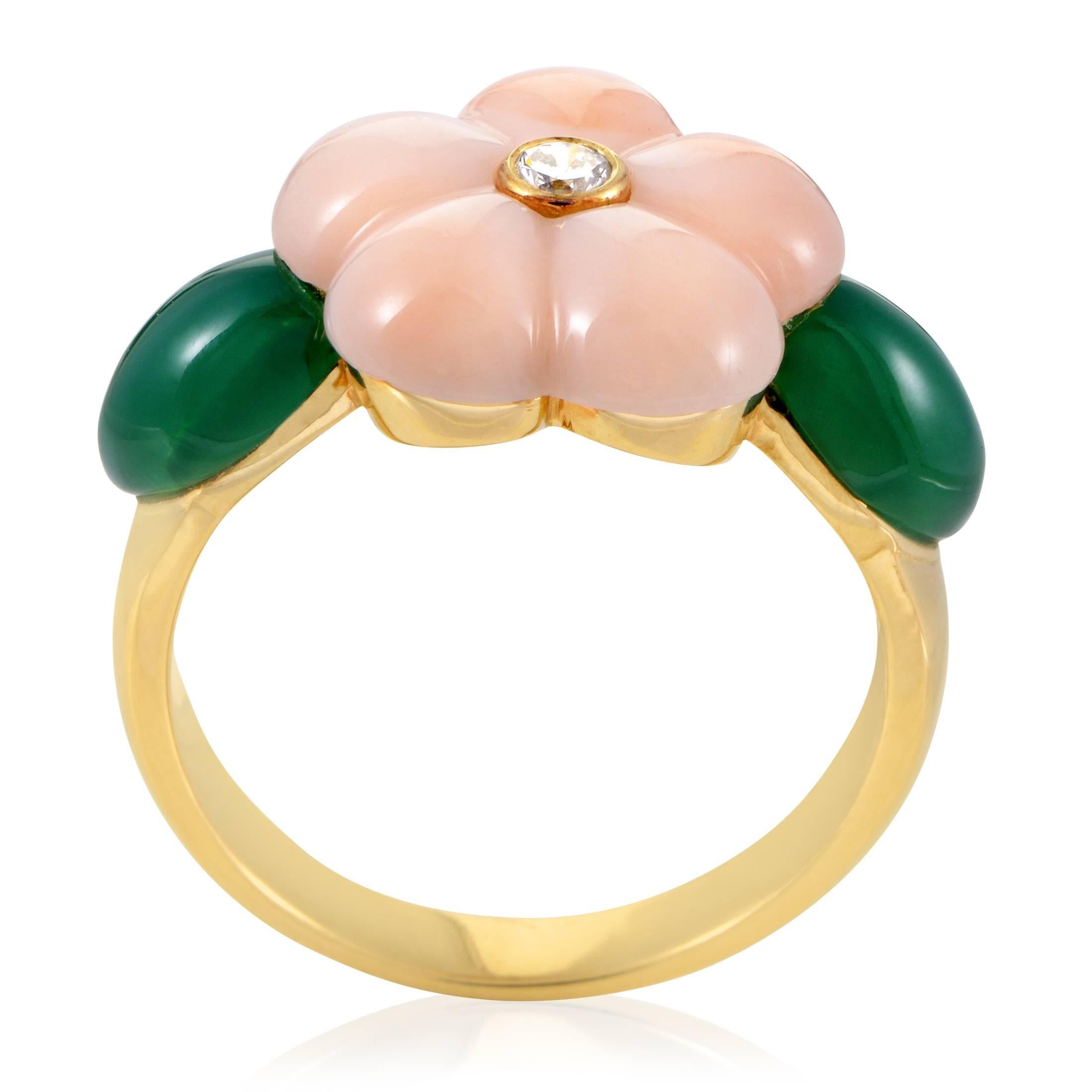 Creating a vivacious and charming depiction of a flower by employing the tender coral and splendid green chrysoprase stones, Van Cleef & Arpels present this delightfully feminine and colorful 18K yellow gold ring that also boasts a 0.08ct diamond