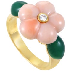 Van Cleef & Arpels 18 Karat Yellow Gold Diamond Coral & Chrysoprase Flower Ring