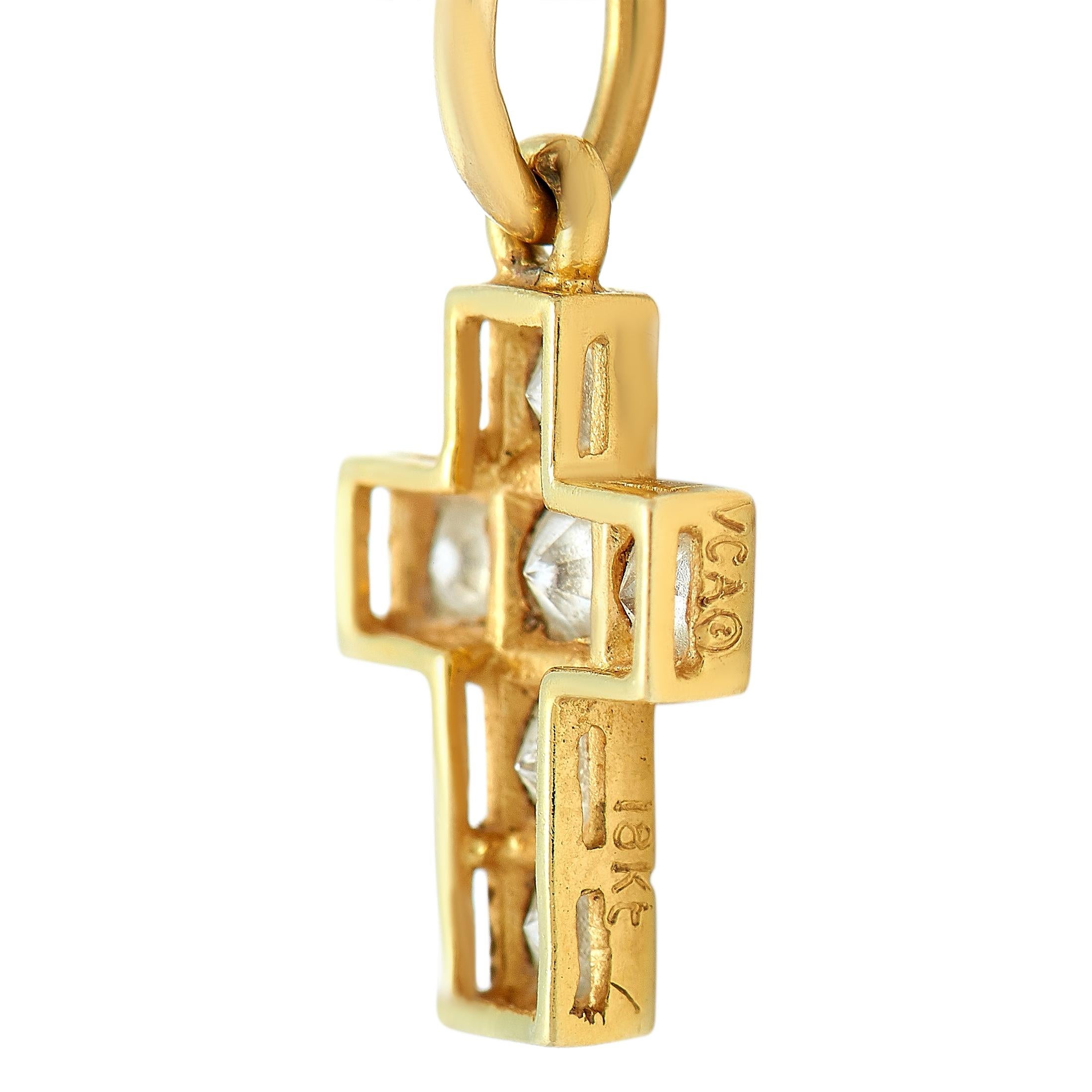Round Cut Van Cleef & Arpels 18 Karat Yellow Gold Diamond Cross Pendant Necklace