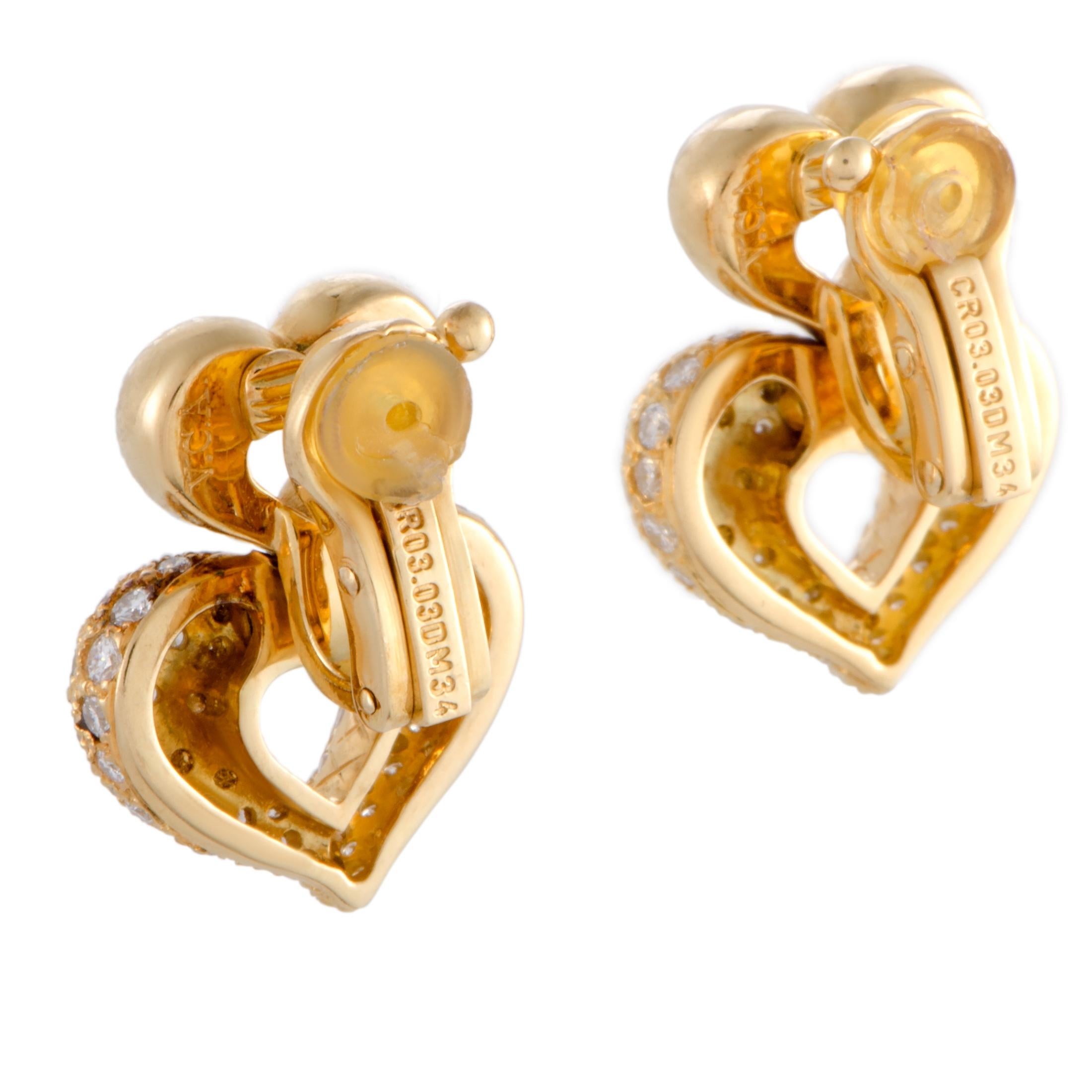 Van Cleef & Arpels 18 Karat Yellow Gold Diamond Double Heart Clip-On Earrings In Excellent Condition In Southampton, PA