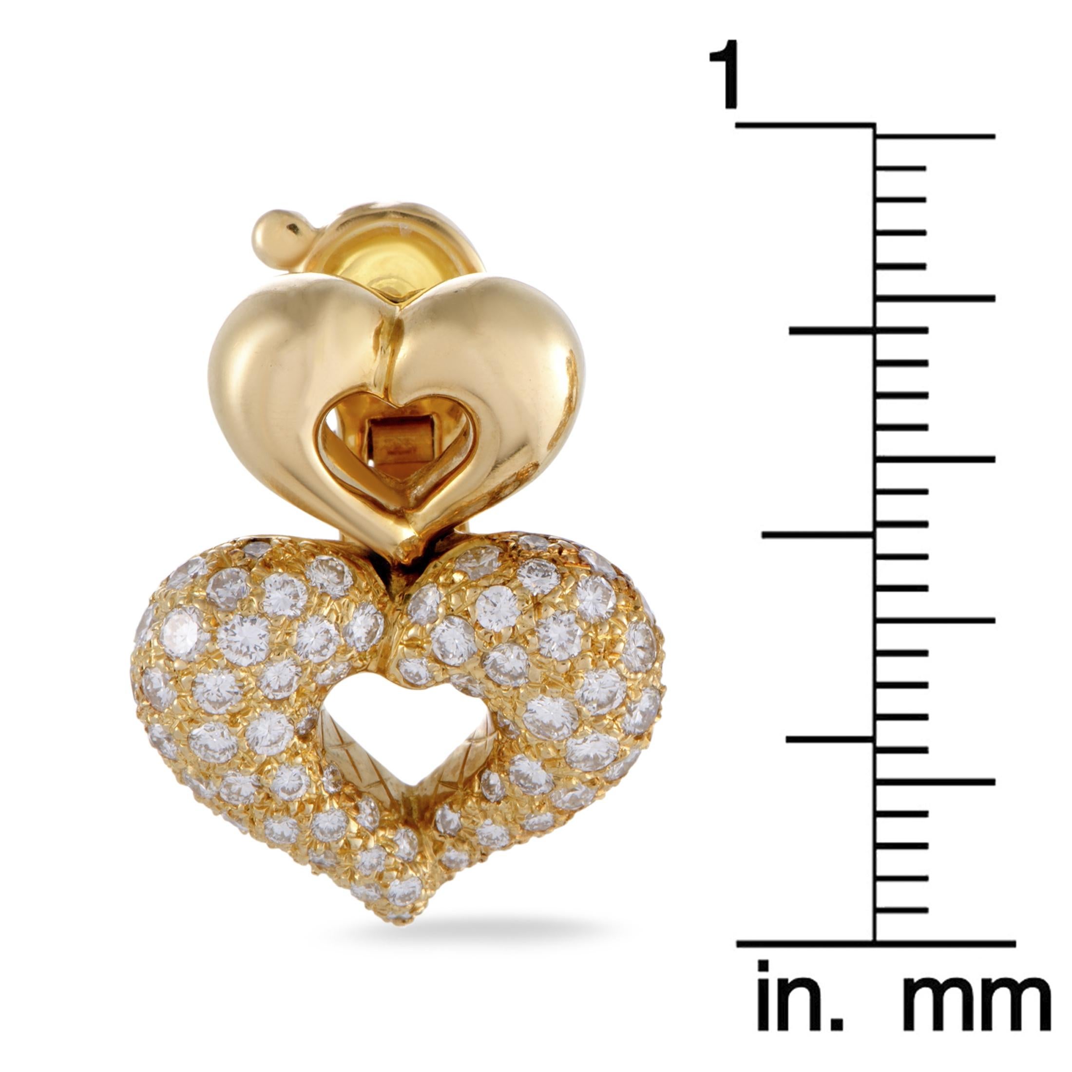 Women's Van Cleef & Arpels 18 Karat Yellow Gold Diamond Double Heart Clip-On Earrings