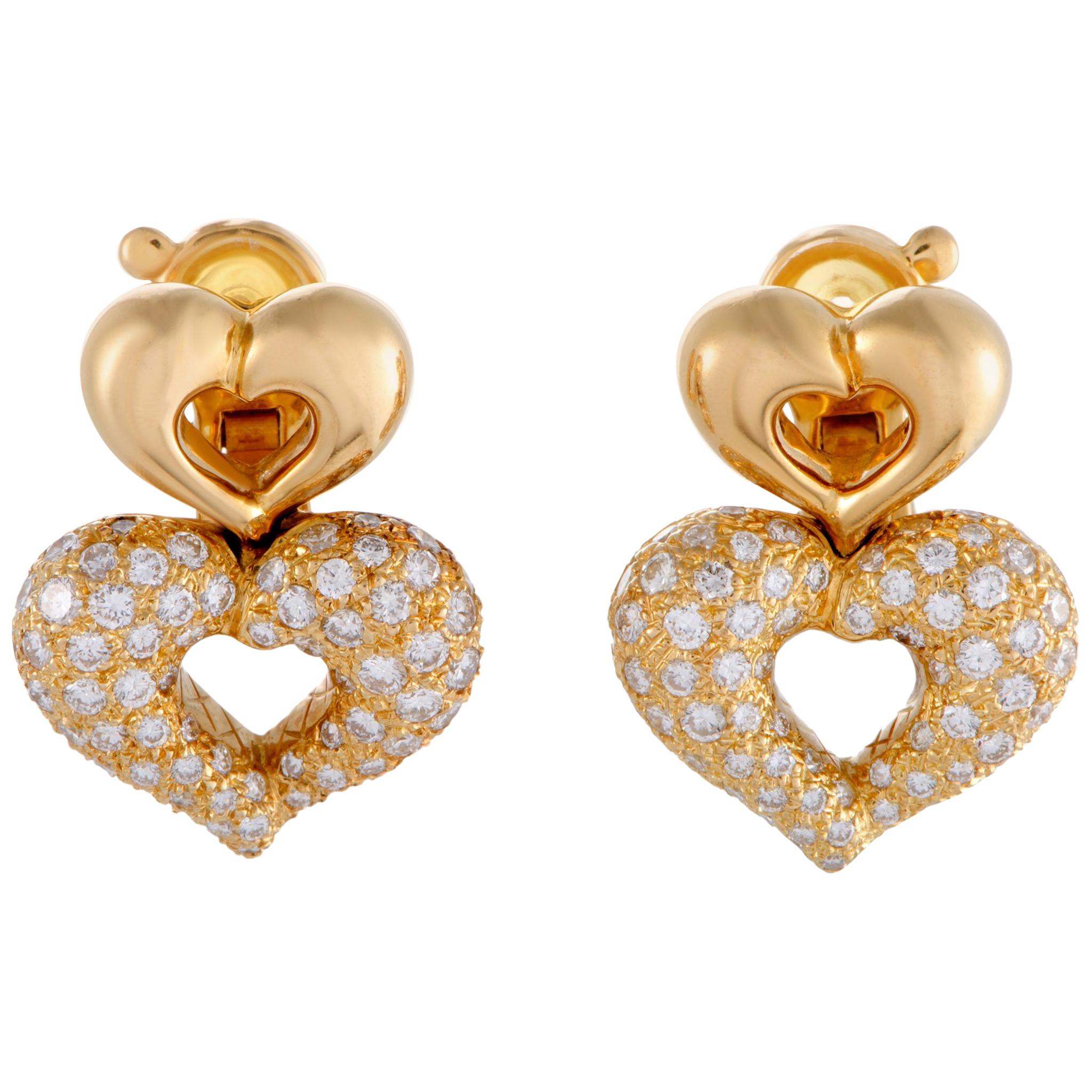 Van Cleef & Arpels 18 Karat Yellow Gold Diamond Double Heart Clip-On Earrings