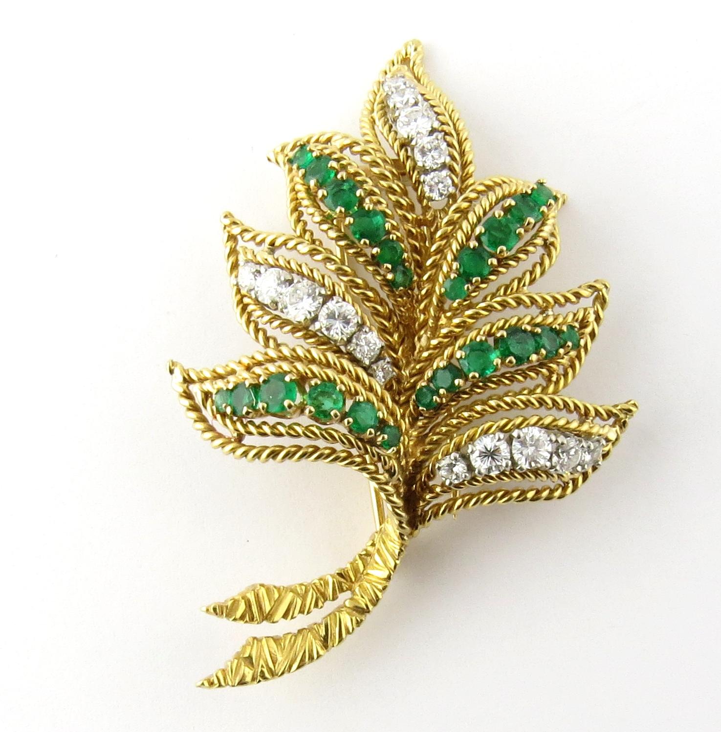 Round Cut Van Cleef & Arpels 18 Karat Yellow Gold Diamond Emerald Leaf Brooch Pin