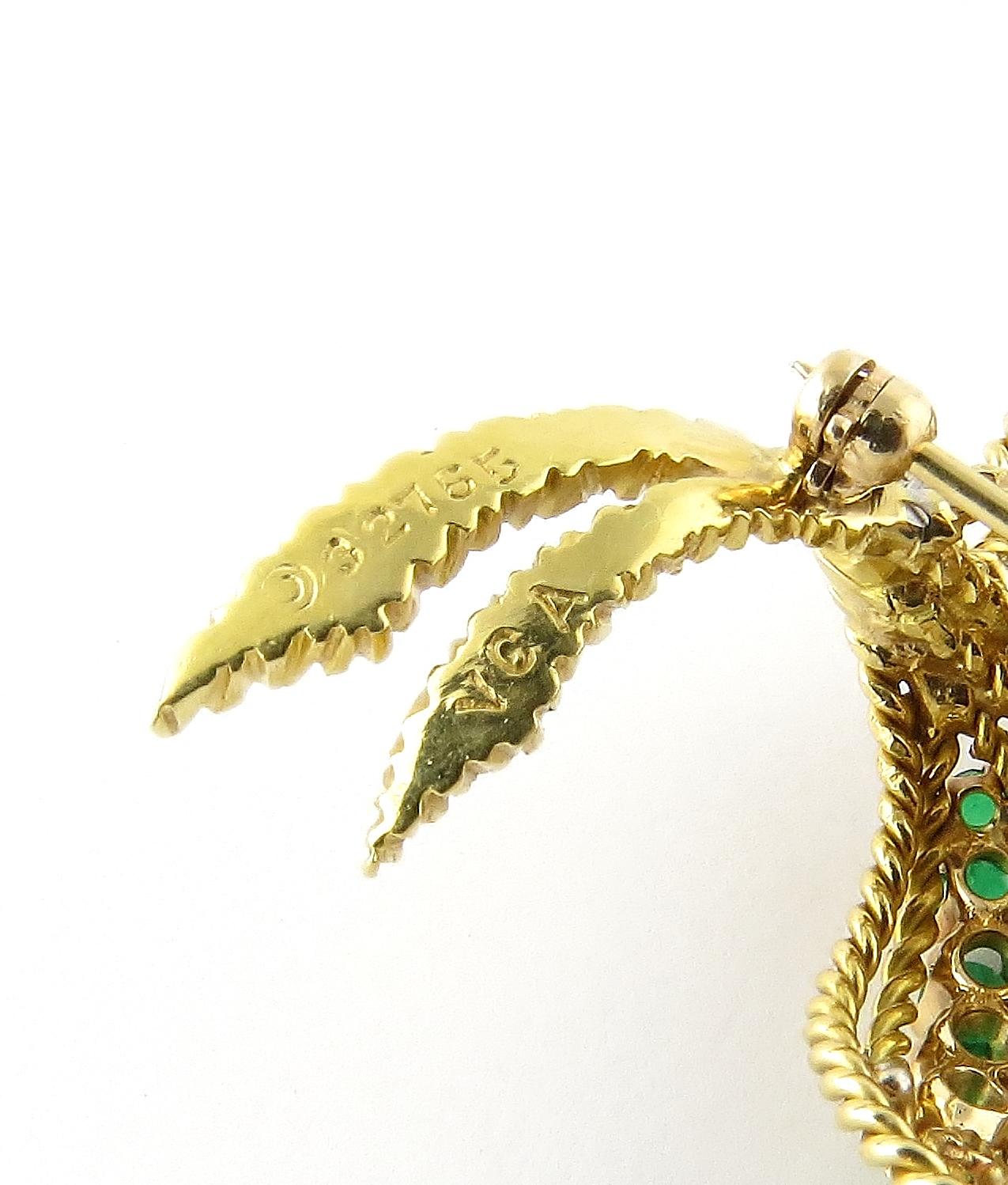 Women's Van Cleef & Arpels 18 Karat Yellow Gold Diamond Emerald Leaf Brooch Pin