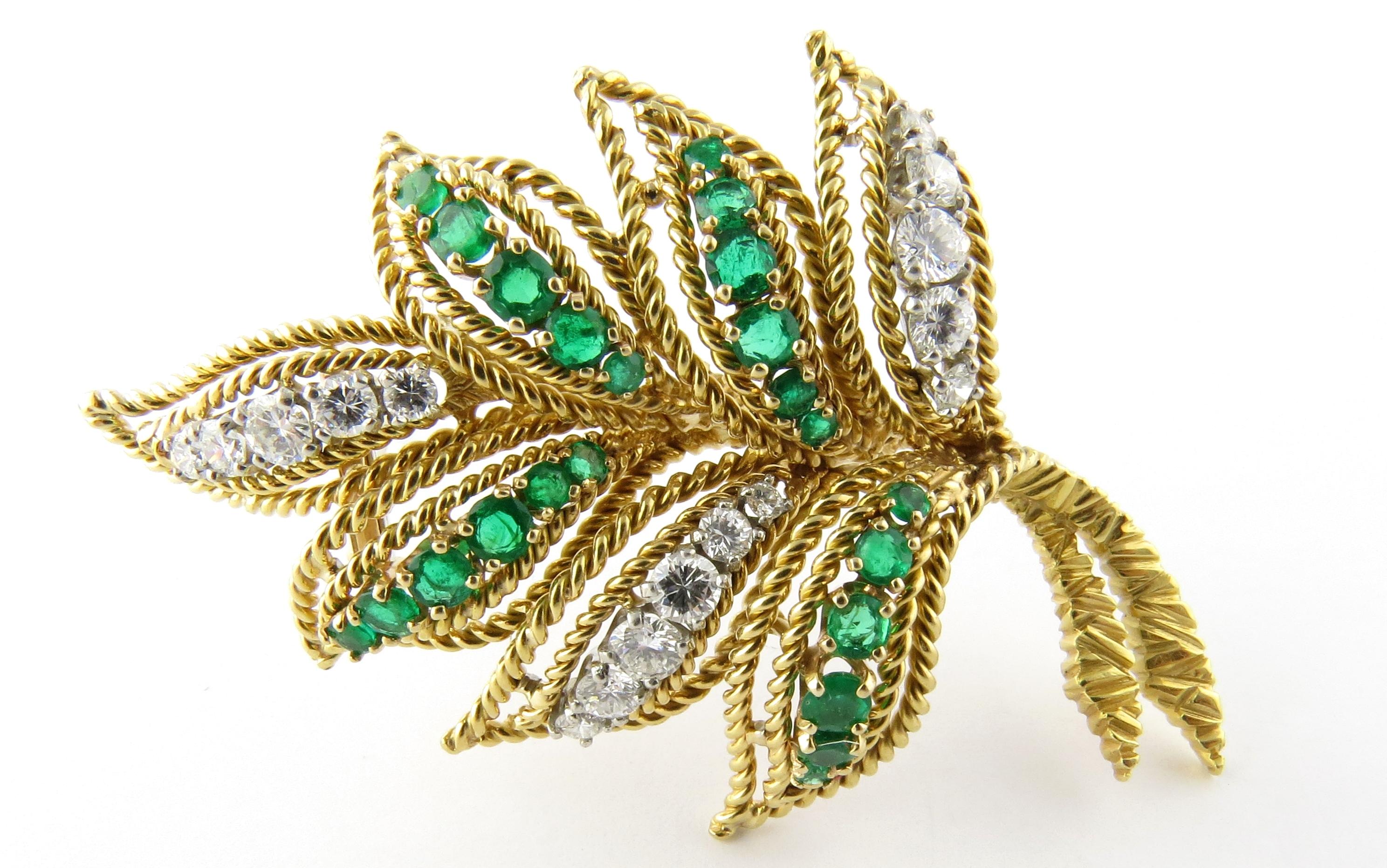 Van Cleef & Arpels 18 Karat Yellow Gold Diamond Emerald Leaf Brooch Pin 1