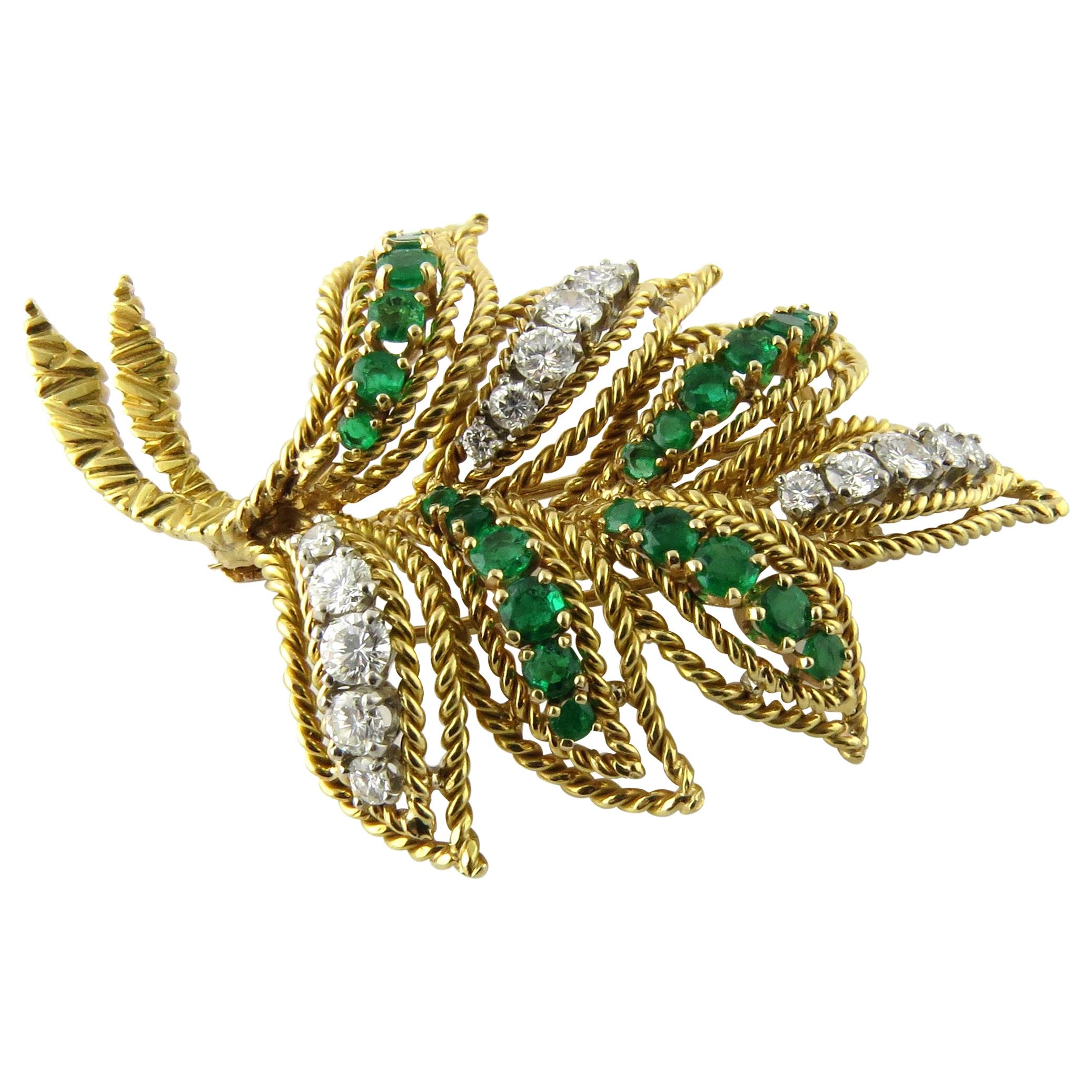 Van Cleef & Arpels 18 Karat Yellow Gold Diamond Emerald Leaf Brooch Pin