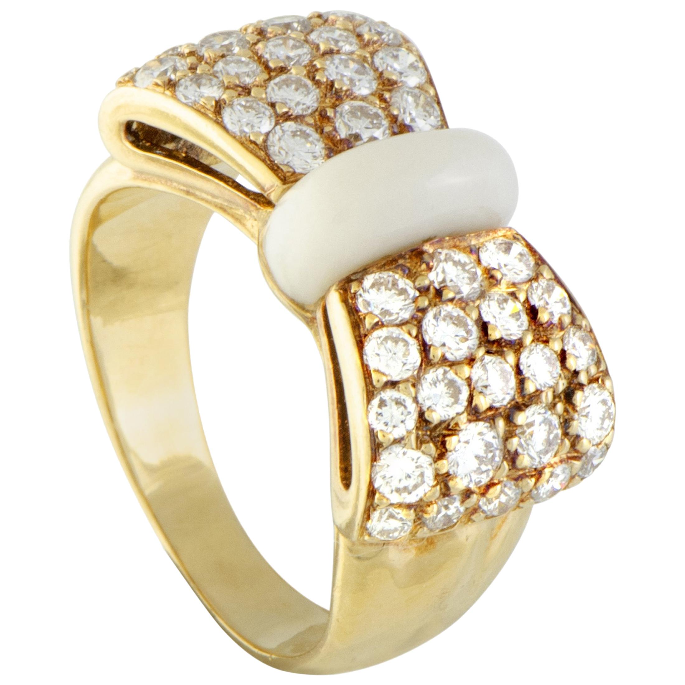 Van Cleef & Arpels 18 Karat Yellow Gold Diamond Pave and White Agate Bow Ring