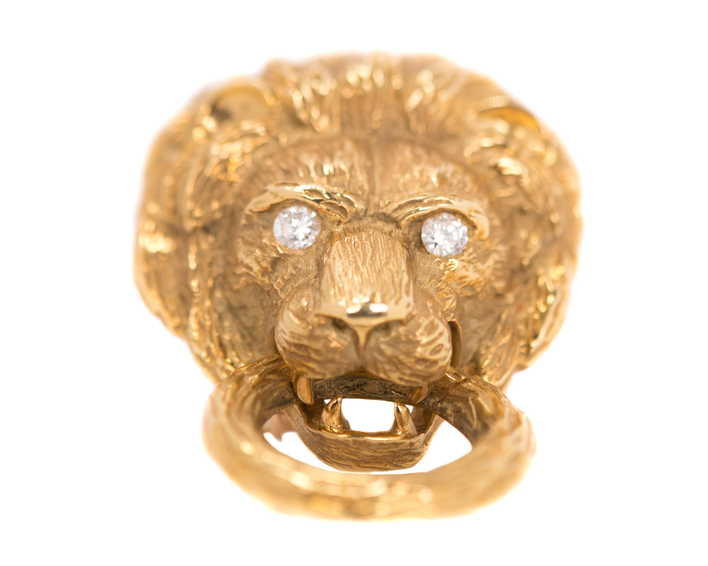 1960s Retro Van Cleef and Arpels Lion Brooch - 18 Karat Yellow Gold

Features:
0.35 carats Round Brilliant Diamonds 
Diamond Eyes
Moving Ring 
Textured 18 Karat Yellow Gold 
2 Prong Pin for extra stability
Safety clasp

Dimensions: 50 x 32
