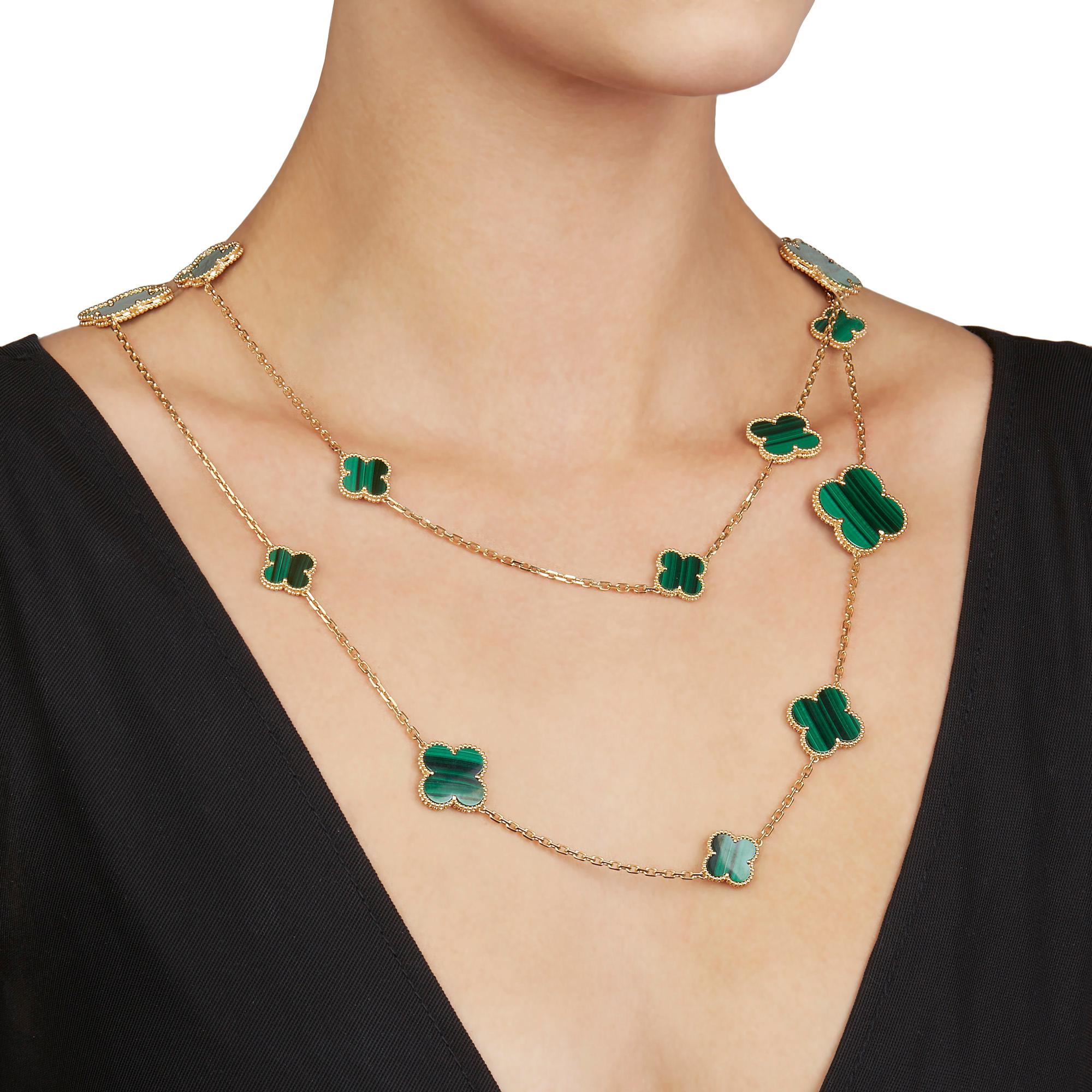 Xupes Code: COMJ014
Brand: Van Cleef & Arpels
Description: 18k Yellow Gold Malachite Magic Alhambra Necklace 
Accompanied With: Papers & Xupes Presentation Box
Gender: Ladies
Necklace Length: 120cm
Necklace Width: 2.5cm
Condition: 9.5
Material:
