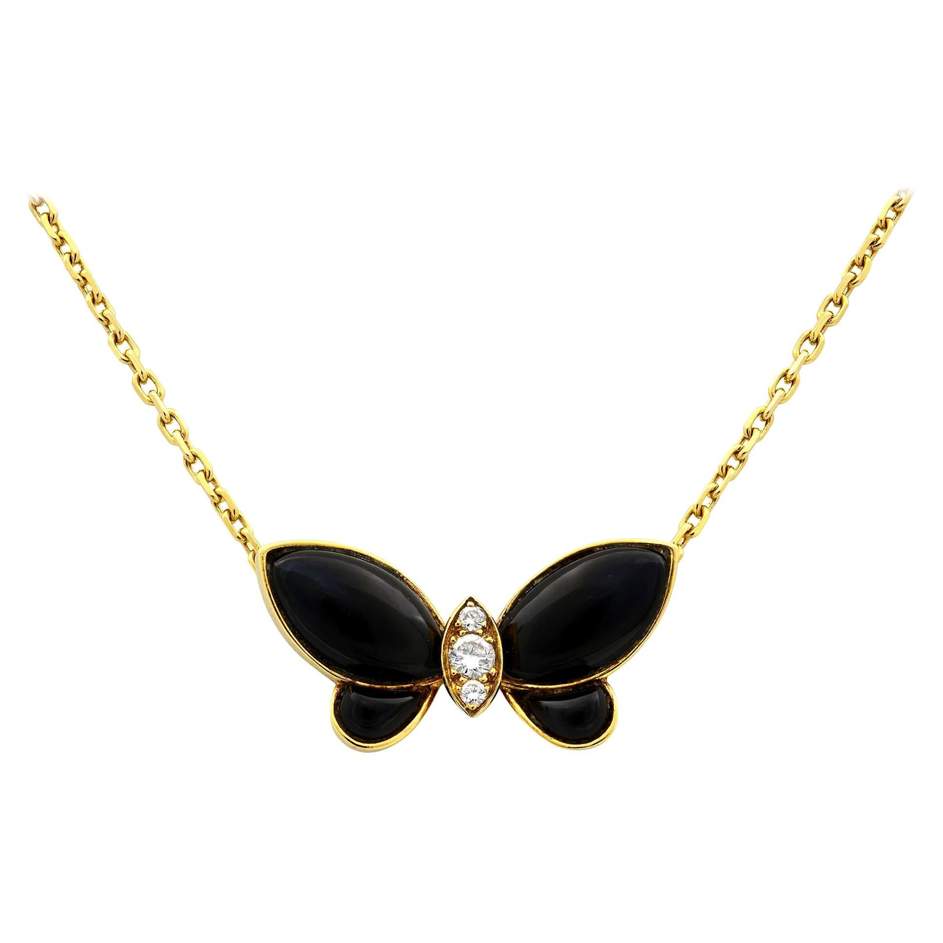 Van Cleef & Arpels 18 Karat Yellow Gold Papillon Onyx and Diamonds Necklace