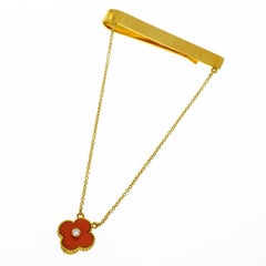 Van Cleef & Arpels 18 Karat Yellow Gold Vintage Alhambra Diamond Coral Tie Pin 