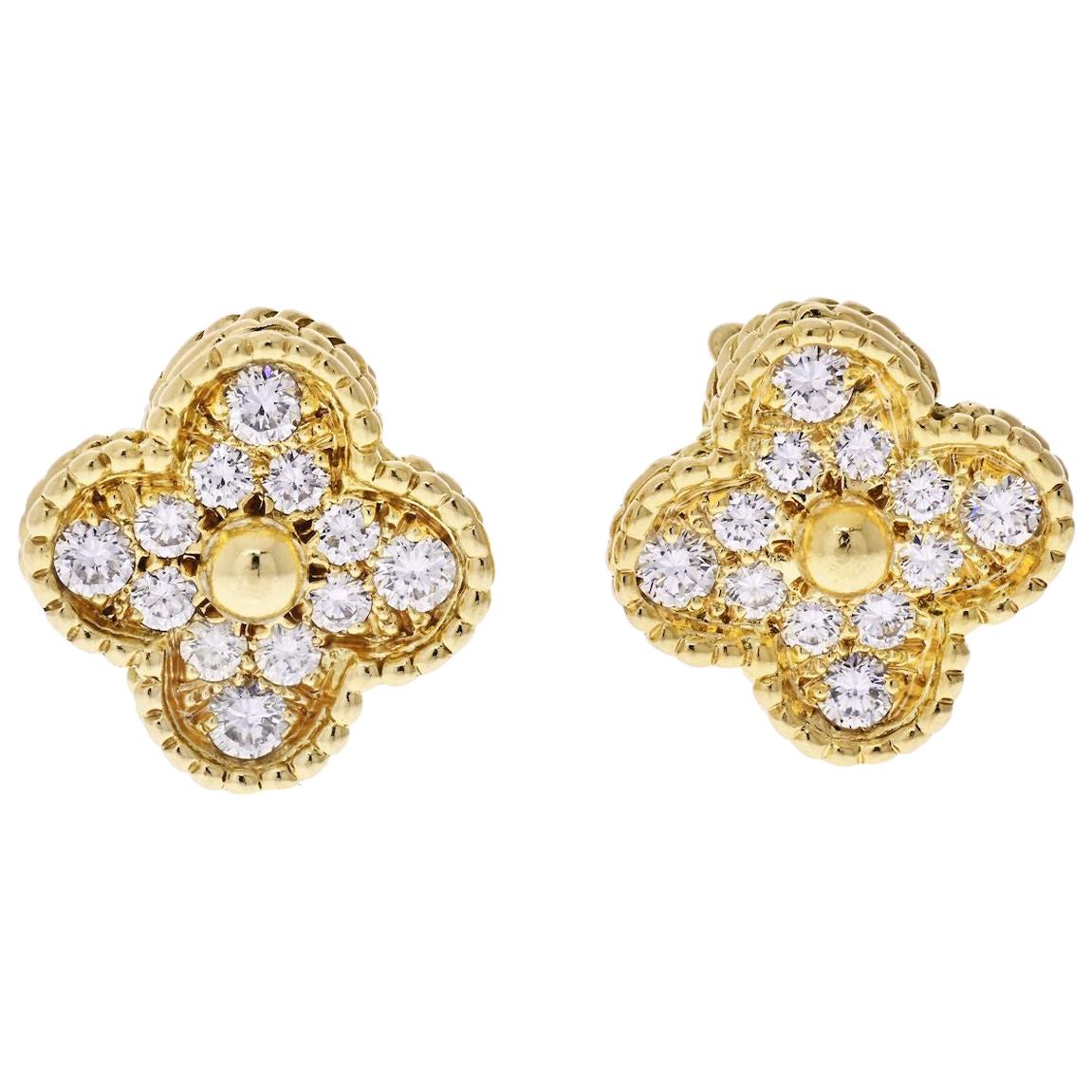 Van Cleef & Arpels 18 Karat Yellow Gold Vintage Alhambra Diamond Earrings