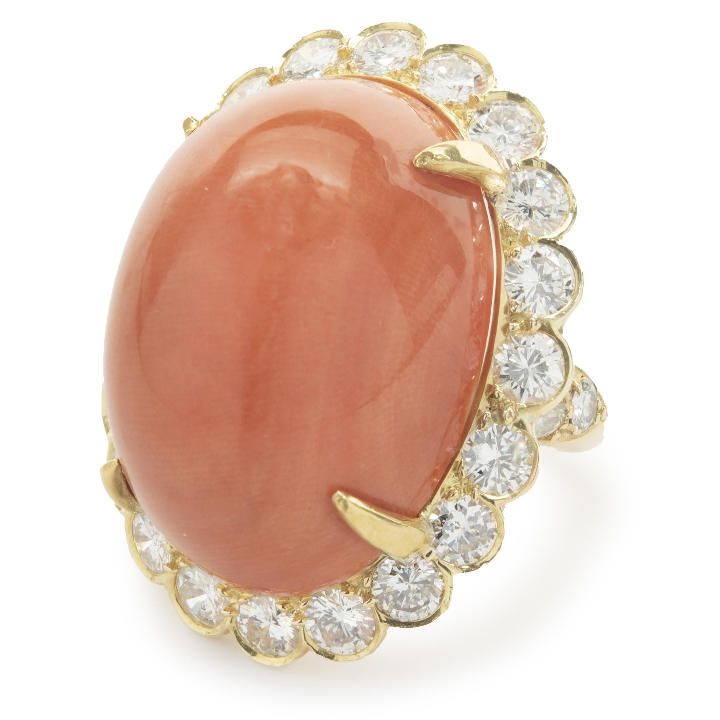 Van Cleef & Arpels 18 Karat Yellow Gold Vintage Coral Cabochon and Diamond Ring In Good Condition In Scottsdale, AZ