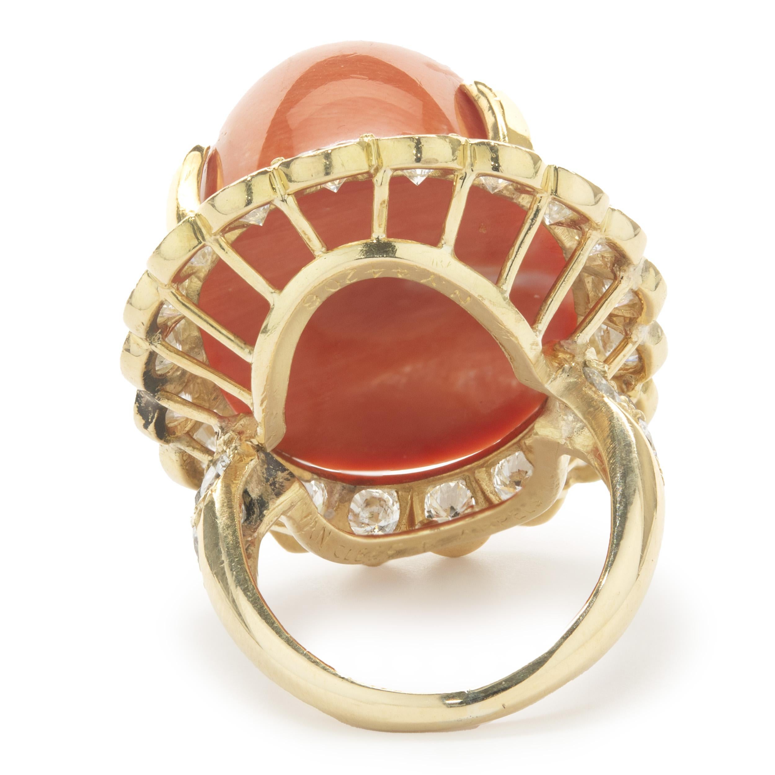 Women's Van Cleef & Arpels 18 Karat Yellow Gold Vintage Coral Cabochon and Diamond Ring For Sale