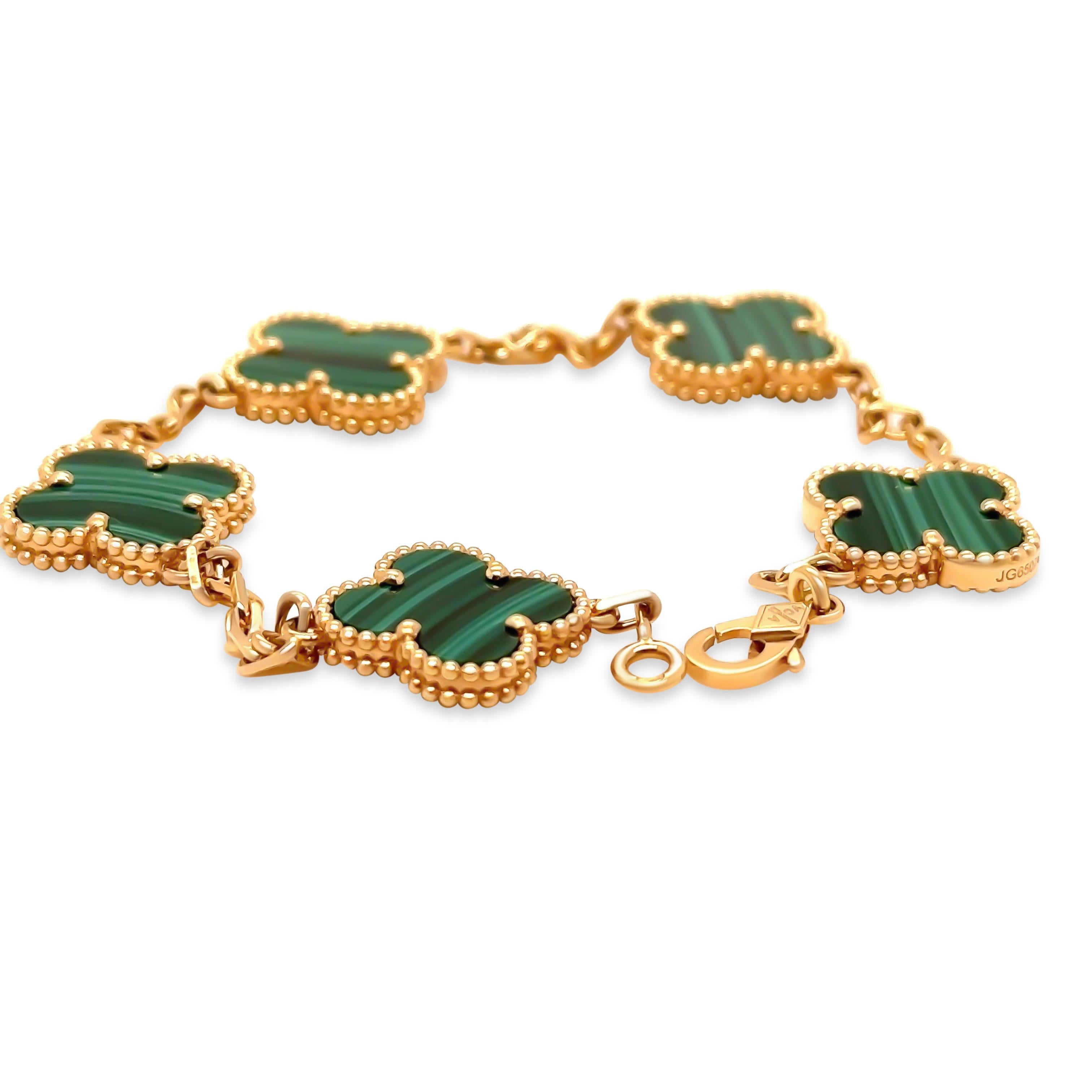 A Van Cleef & Arpels Vintage Alhambra Bracelet, made of 18ct Yellow Gold. Featuring 5 Malachite Stone motifs. Bracelet Wrist Size - 19cm.

Metal: 18ct Yellow Gold
Carat: N/A
Colour: N/A
Clarity: N/A
Cut: N/A
Weight: N/A
Engravings/Markings: Signed