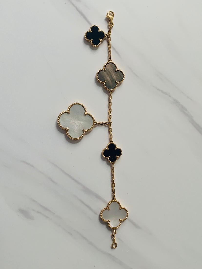 Van Cleef & Arpels 18k 5 Motiv Onyx Perlmutt Magic Alhambra Armband für Damen oder Herren