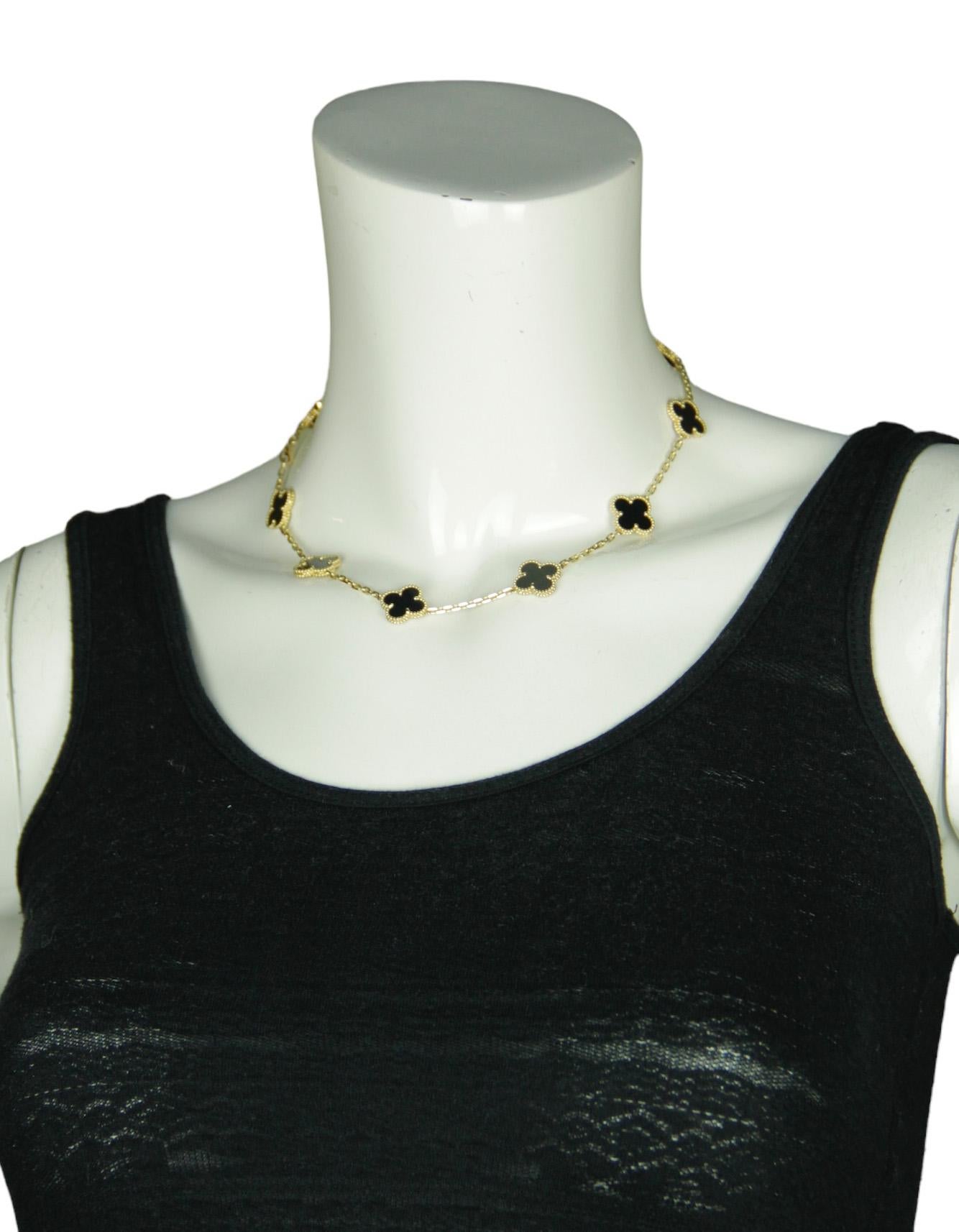 Van Cleef & Arpels 18K/Black Onyx 10 Motifs Vintage Alhambra Necklace

Made In: France
Year or Production: 2017
Materials: Black onyx and 18k yellow gold
Hallmarks: VCA Au750, serial number
Closure/Opening: Lobster clasp
Overall Condition: