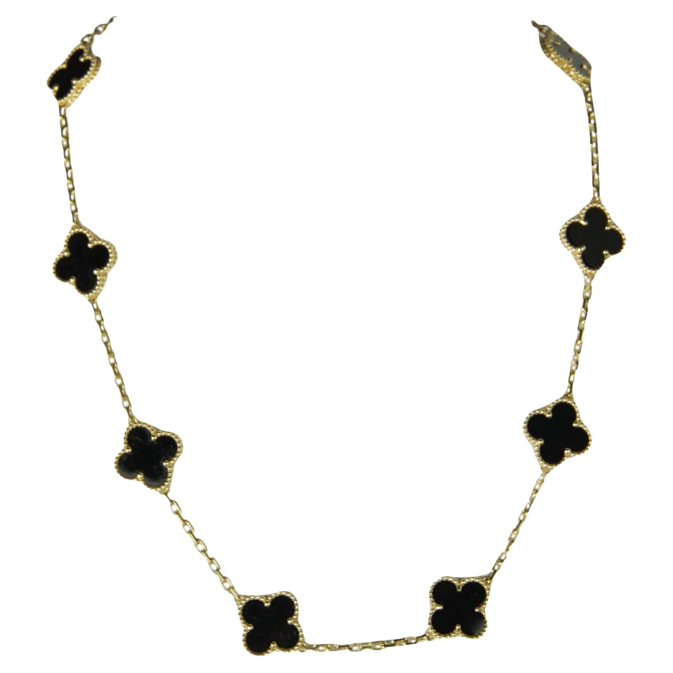 Van Cleef & Arpels 18K/Black Onyx 10 Motifs Vintage Alhambra Necklace