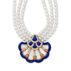Van Cleef & Arpels 18 Karat Gold 0.82 Carat Diamond Lapis, Coral & MOP Necklace