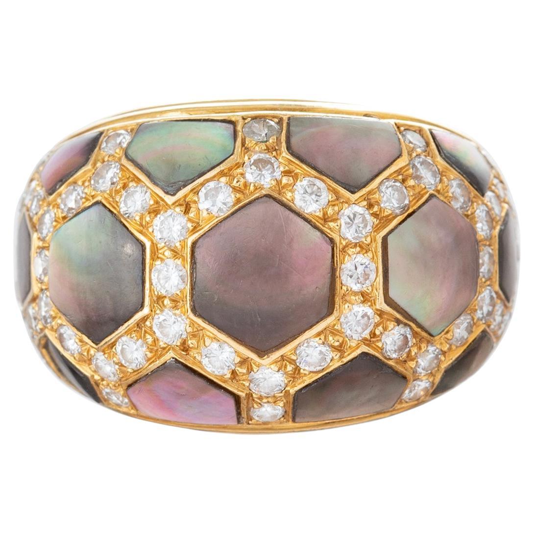 Van Cleef & Arpels 18k Gold Abalone Diamond Honeycomb Band Ring For Sale