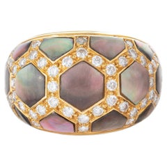Vintage Van Cleef & Arpels 18k Gold Abalone Diamond Honeycomb Band Ring
