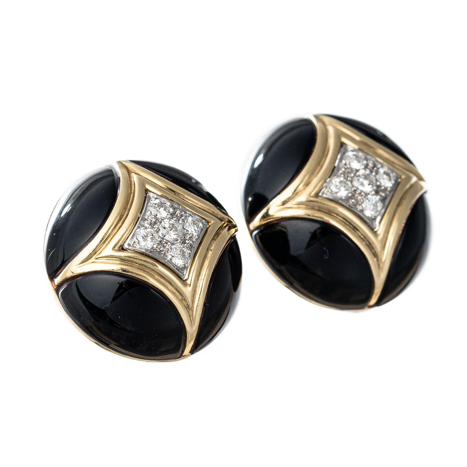 Van Cleef & Arpels 18k Gold Black Onyx Diamond Clip Earrings.  Circa 1970's.  Circular dome design set with central pave' set diamonds set in a geometric design. Corners inset with polished black onyx. Ten round full cut diamonds totaling 0.48