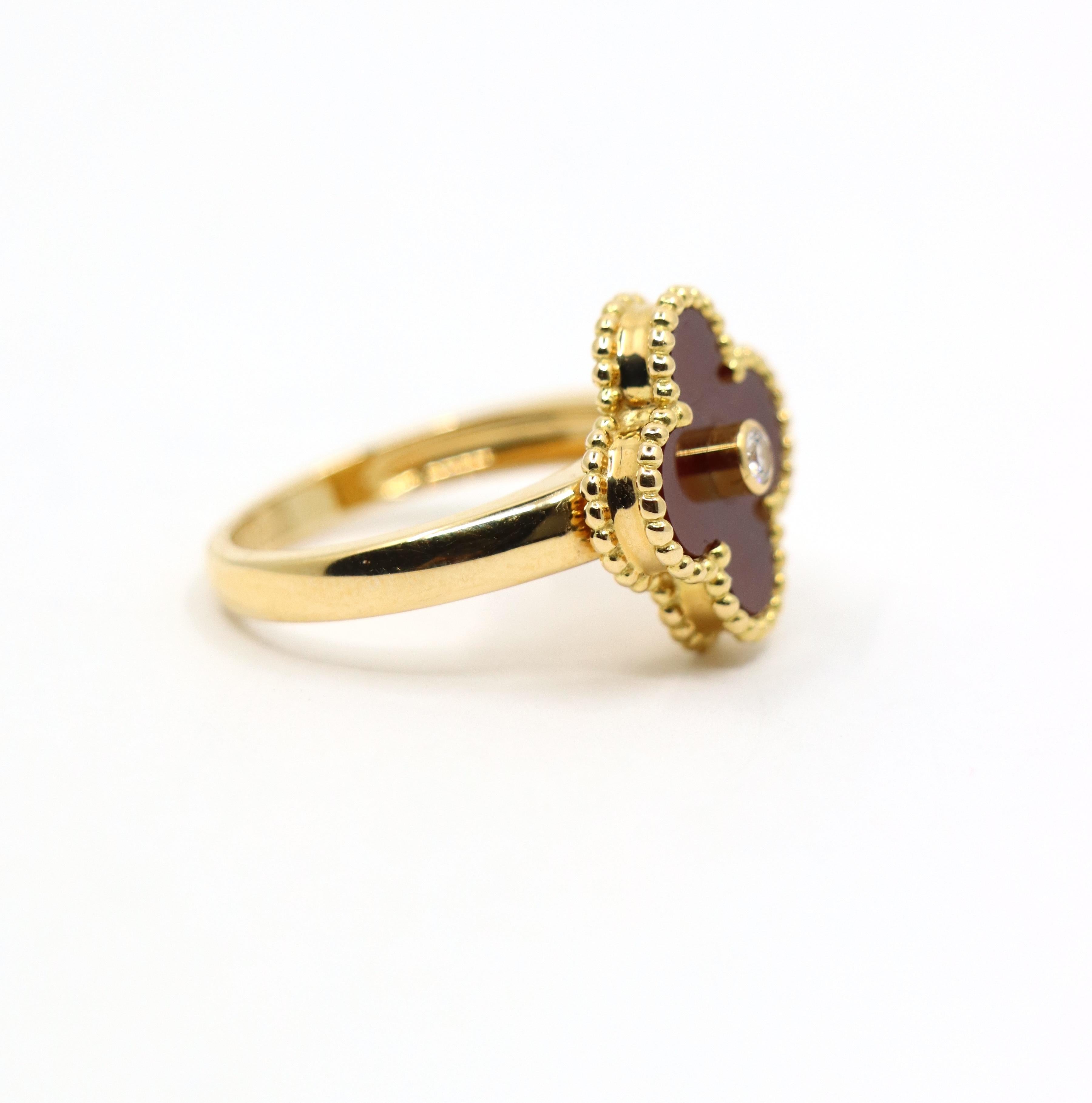 Van Cleef & Arpels 18K Gold Carnelian Diamond Alhambra Ring For Sale 1