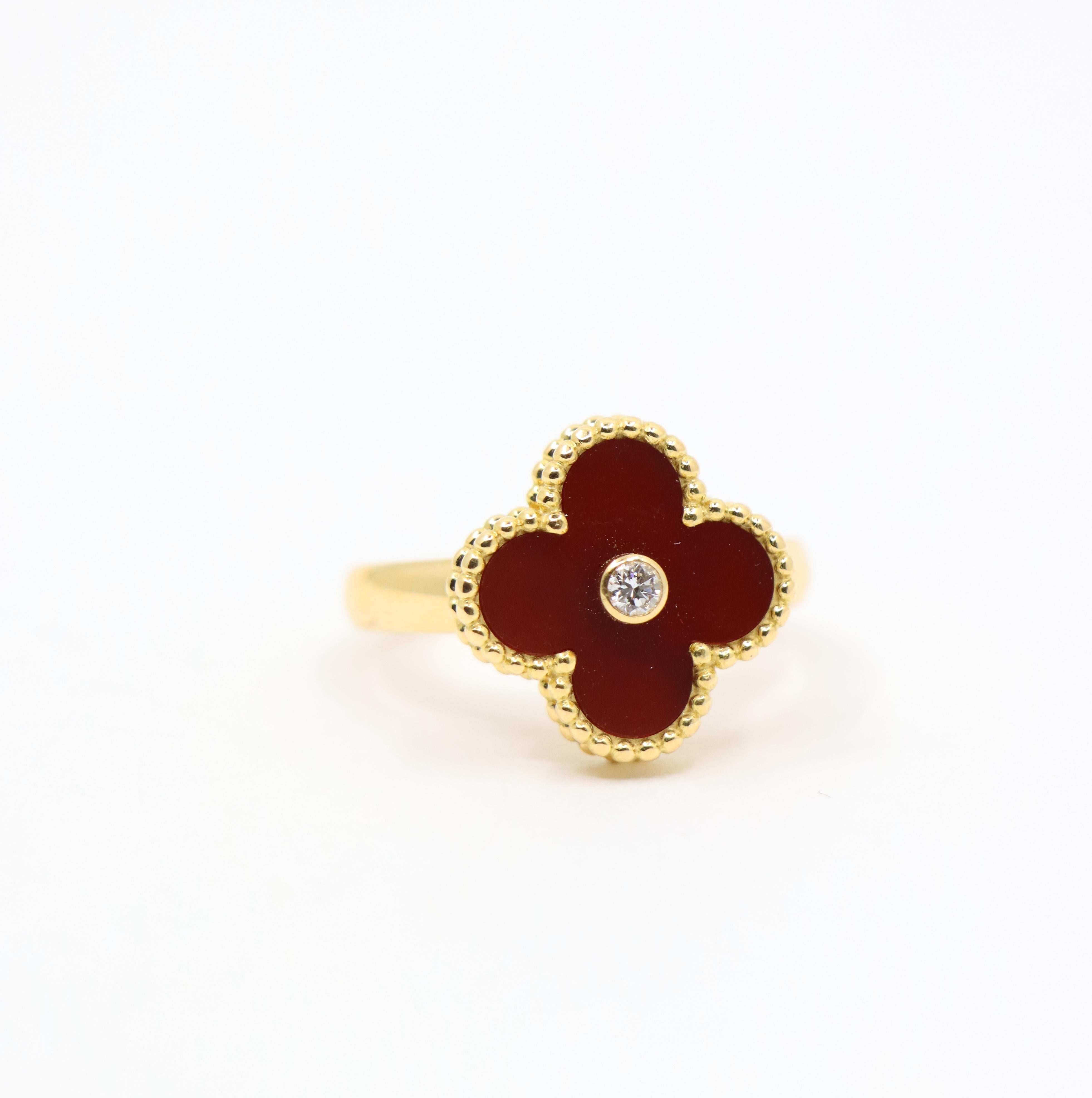 Van Cleef & Arpels 18K Gold Carnelian Diamond Alhambra Ring For Sale 2