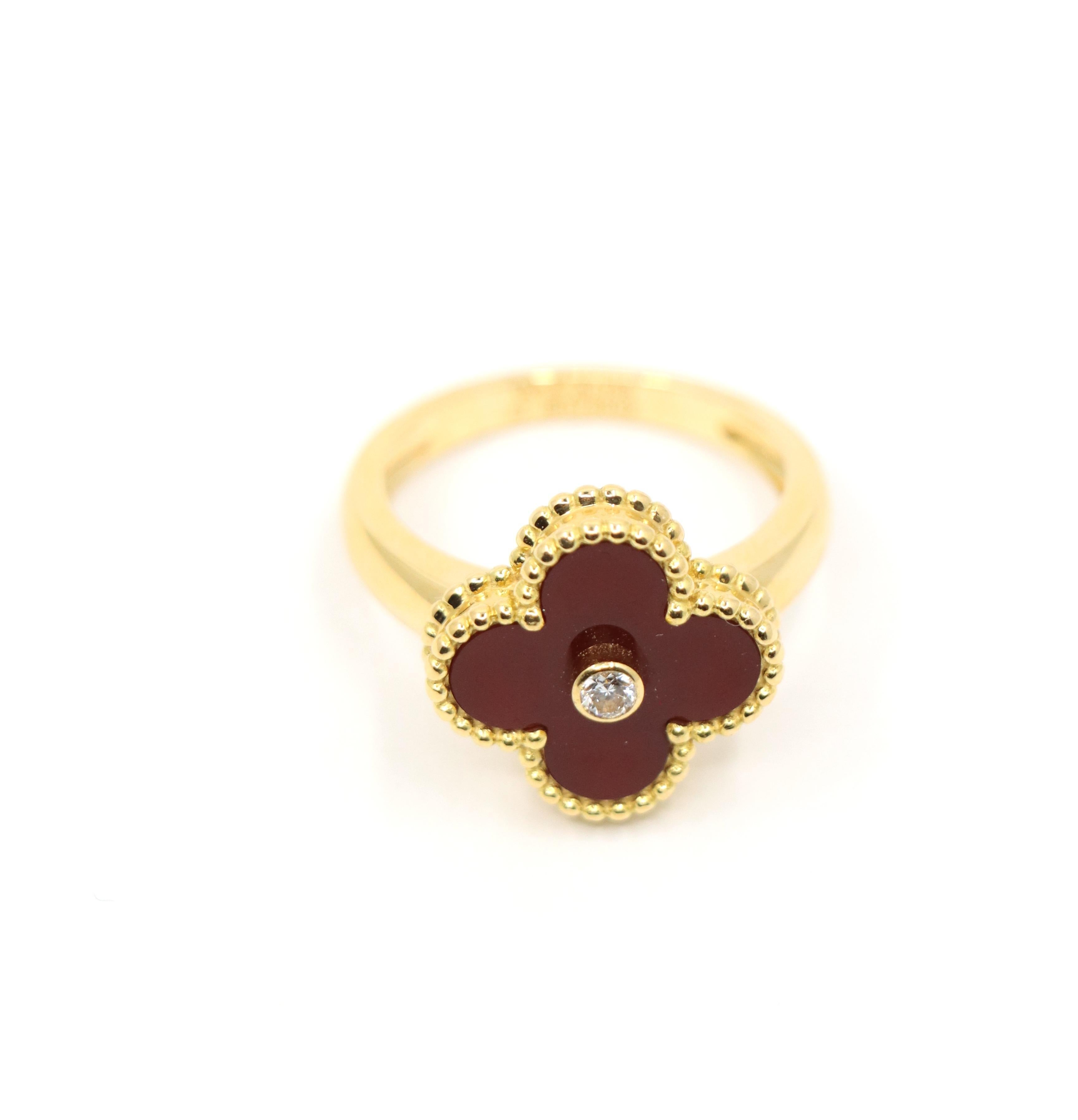 Van Cleef & Arpels 18K Gold Carnelian Diamond Alhambra Ring For Sale 3