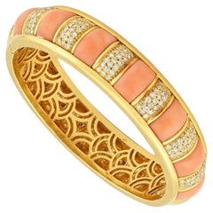 Van Cleef & Arpels 18k Gold Coral & Diamond Bangle Bracelet