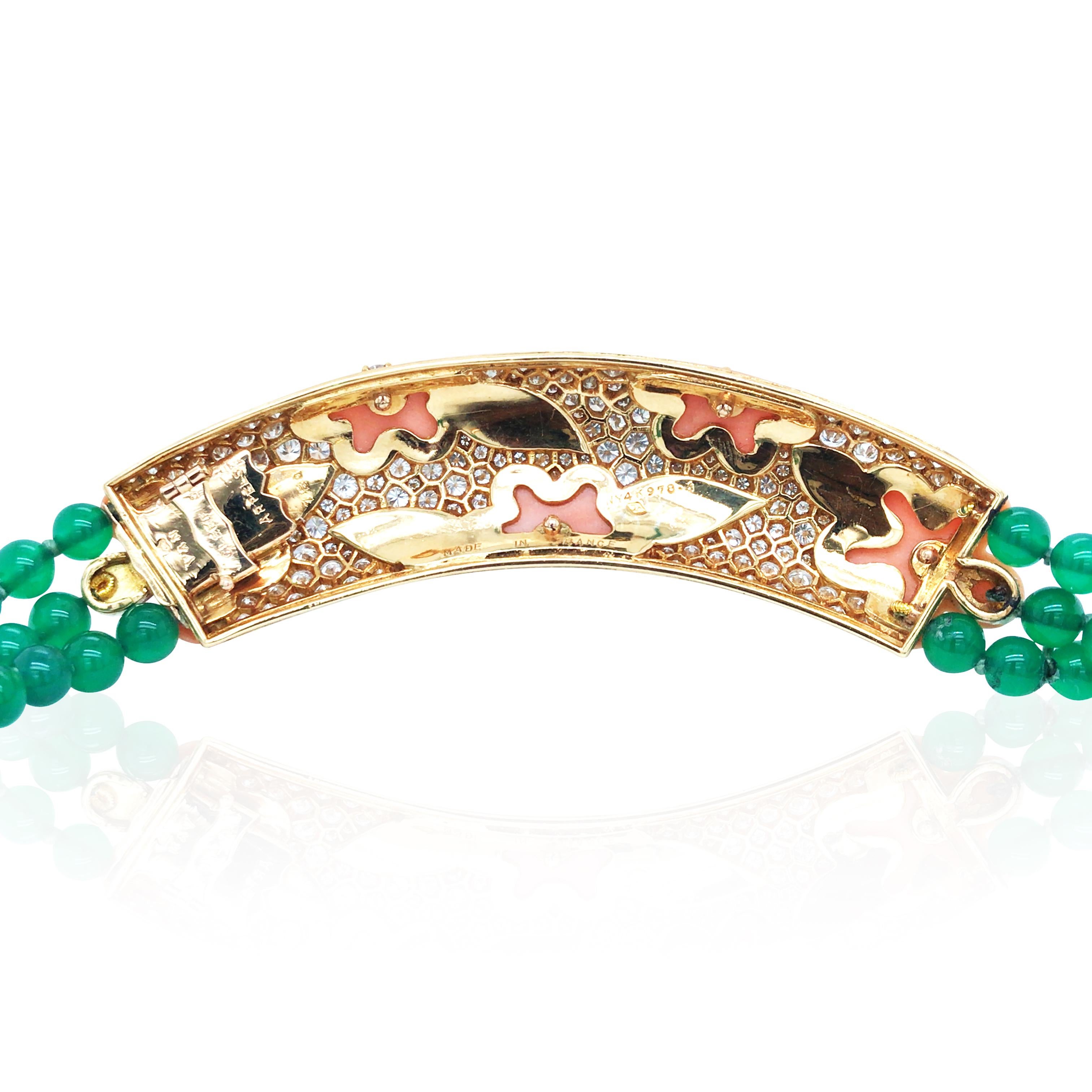 Van Cleef & Arpels, 18K Gold Coral Emerald Diamond Necklace, Earrings and Ring In Good Condition For Sale In New York, NY
