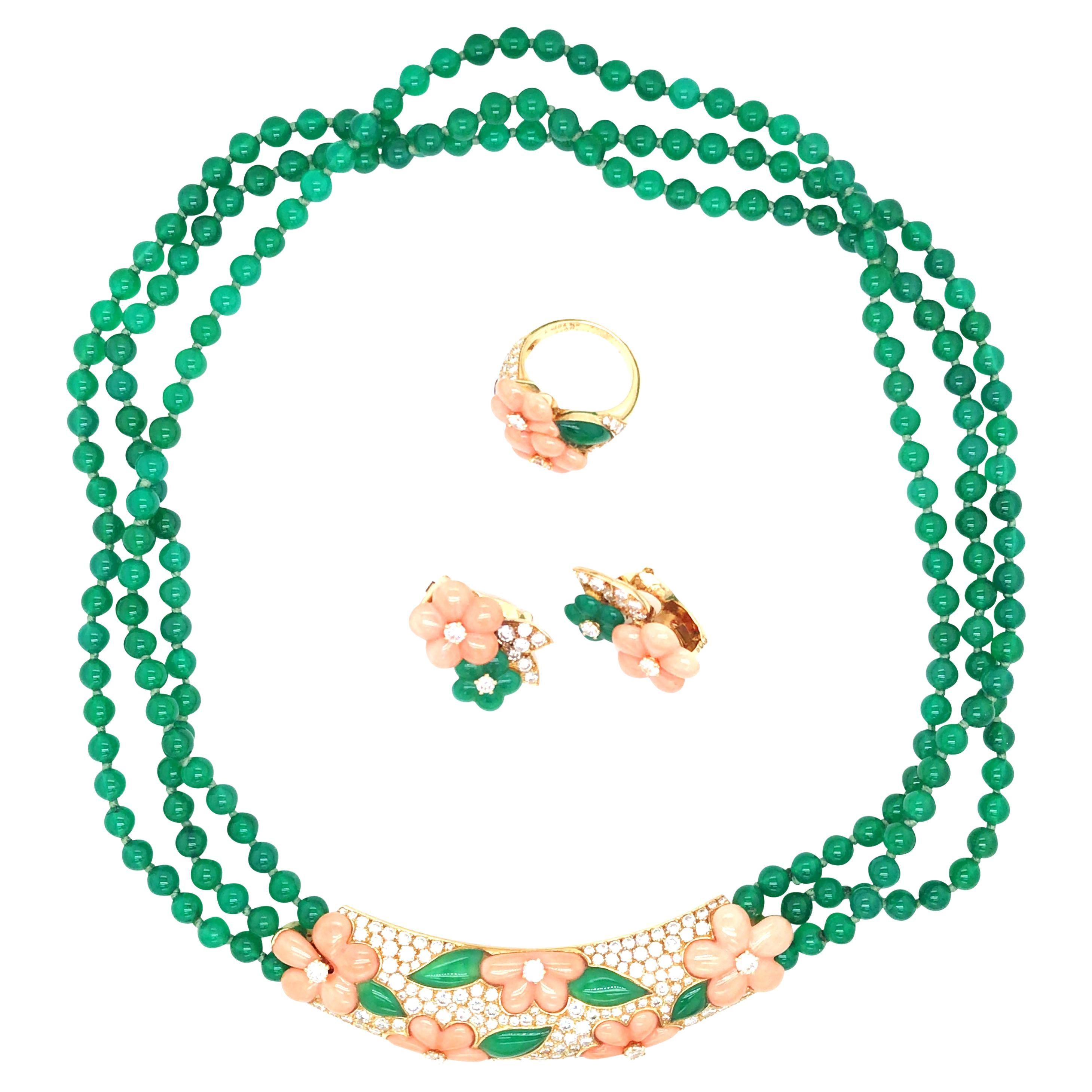 Van Cleef & Arpels, 18K Gold Coral Emerald Diamond Necklace, Earrings and Ring For Sale