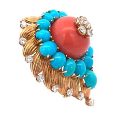 Van Cleef & Arpels, 18K Gold Coral Turquoise Diamond Brooch